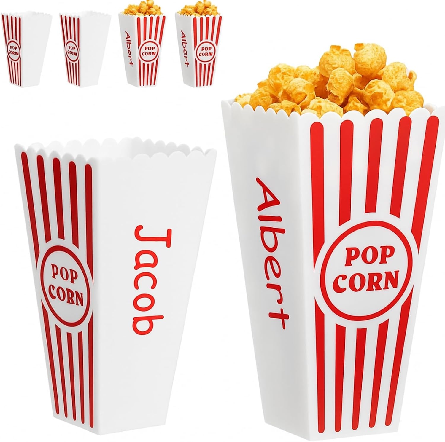 Harloon 6 Pack Plastic Popcorn Containers Personalization Red White Striped Classic Popcorn Buckets Reusable with UV Letter Sticker Plastic Boxes for Movie Night 3.8"x 7.8"