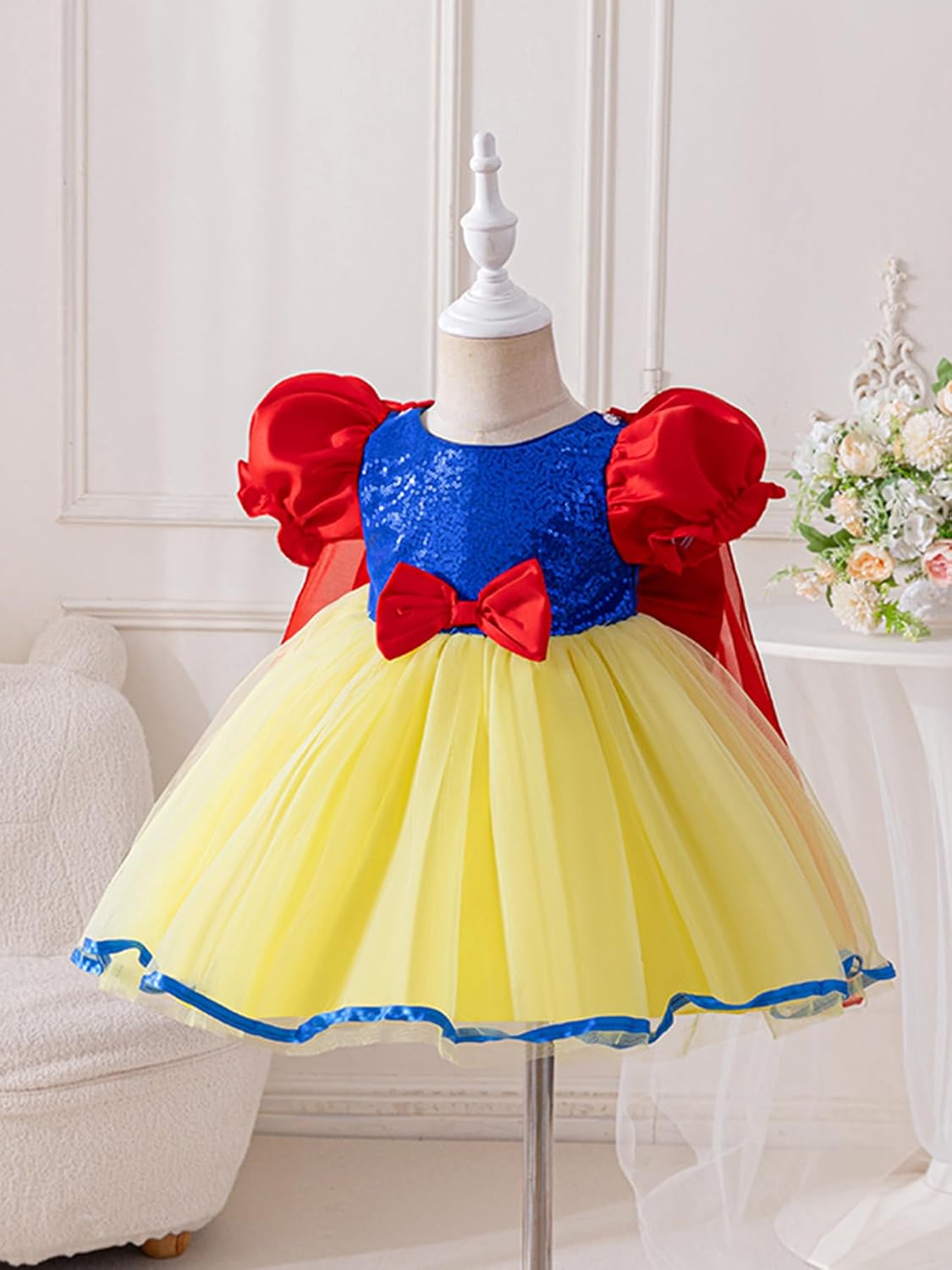 Baby Girl Princess Inspired Dress Blue Sequin Bodice Red Bow Yellow Tulle Skirt Birthday Christmas Party Wear