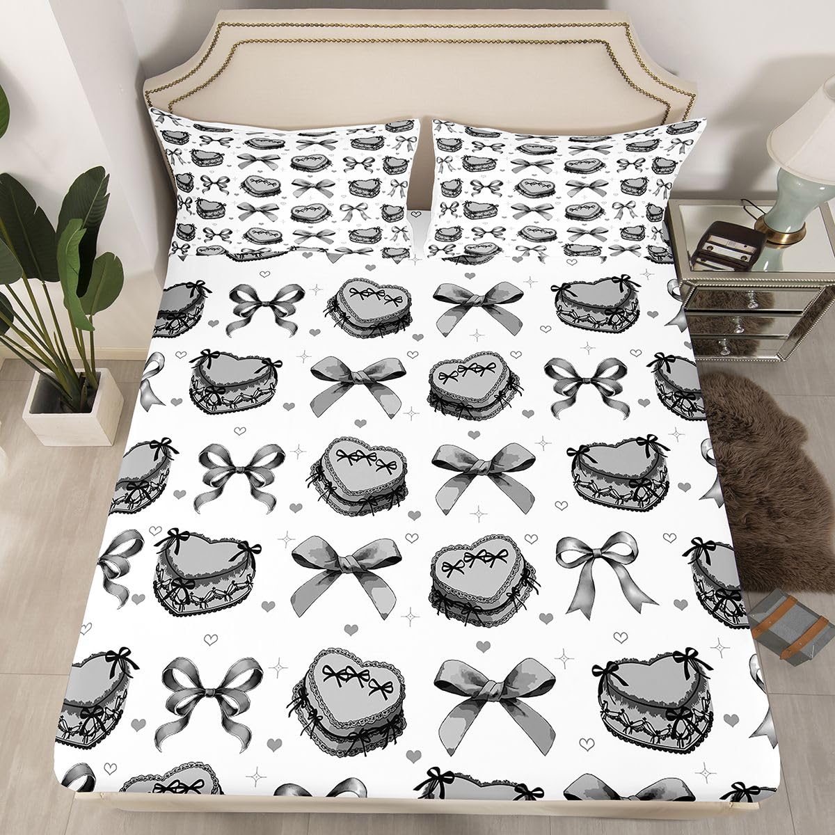 Homewish Czarna muszka zestaw prześcieradeł podwójne urocze miłosne serce prześcieradła marzycielska księżniczka kokardka pościel - Kawaii geometryczna muszka zestaw pościeli 4-częściowy kawaii