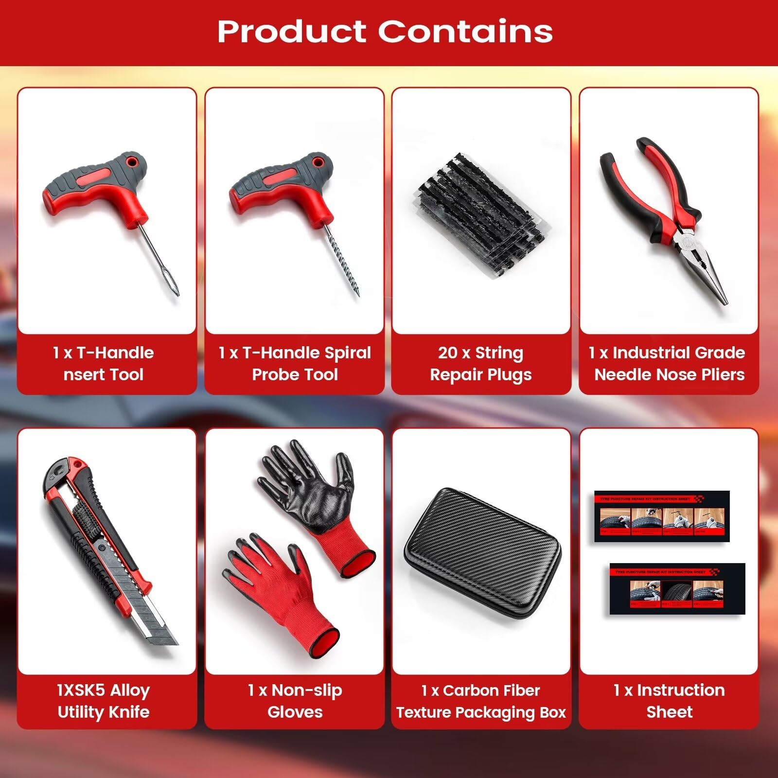 Kit di Riparazione Pneumatici - Kit di Riparazione forature per Auto - La Soluzione Ideale per Riparare forature per Auto, Moto, Camion, furgoni - 20 Corde e Custodia