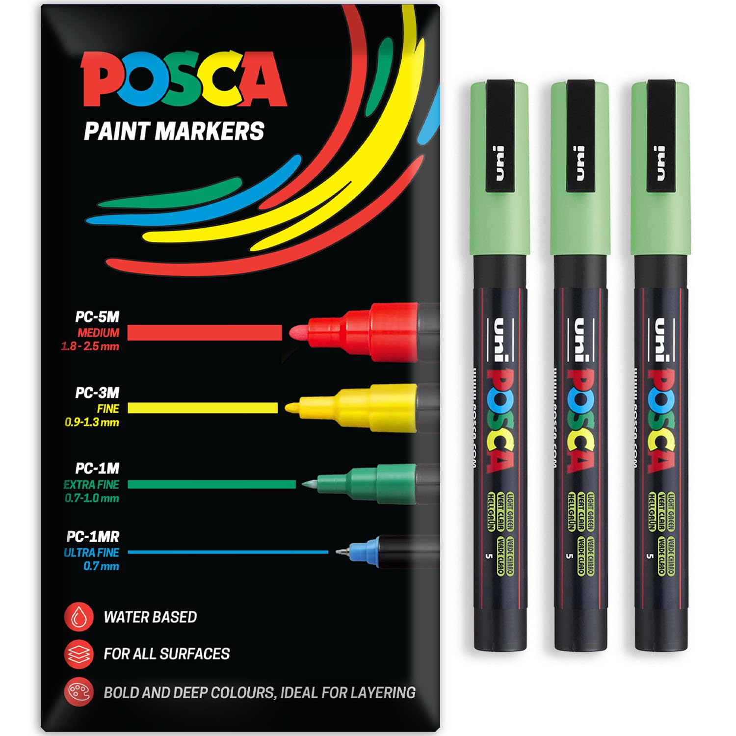 Posca Water Based Acrylic Paint Marker Pens | Multi Surface Use Permanent Paint Pen | Pack of 3 Pens in Envelope Gift Packaging | Glass, Fabric, Canvas, Wood etc | PC-3M, Light Green