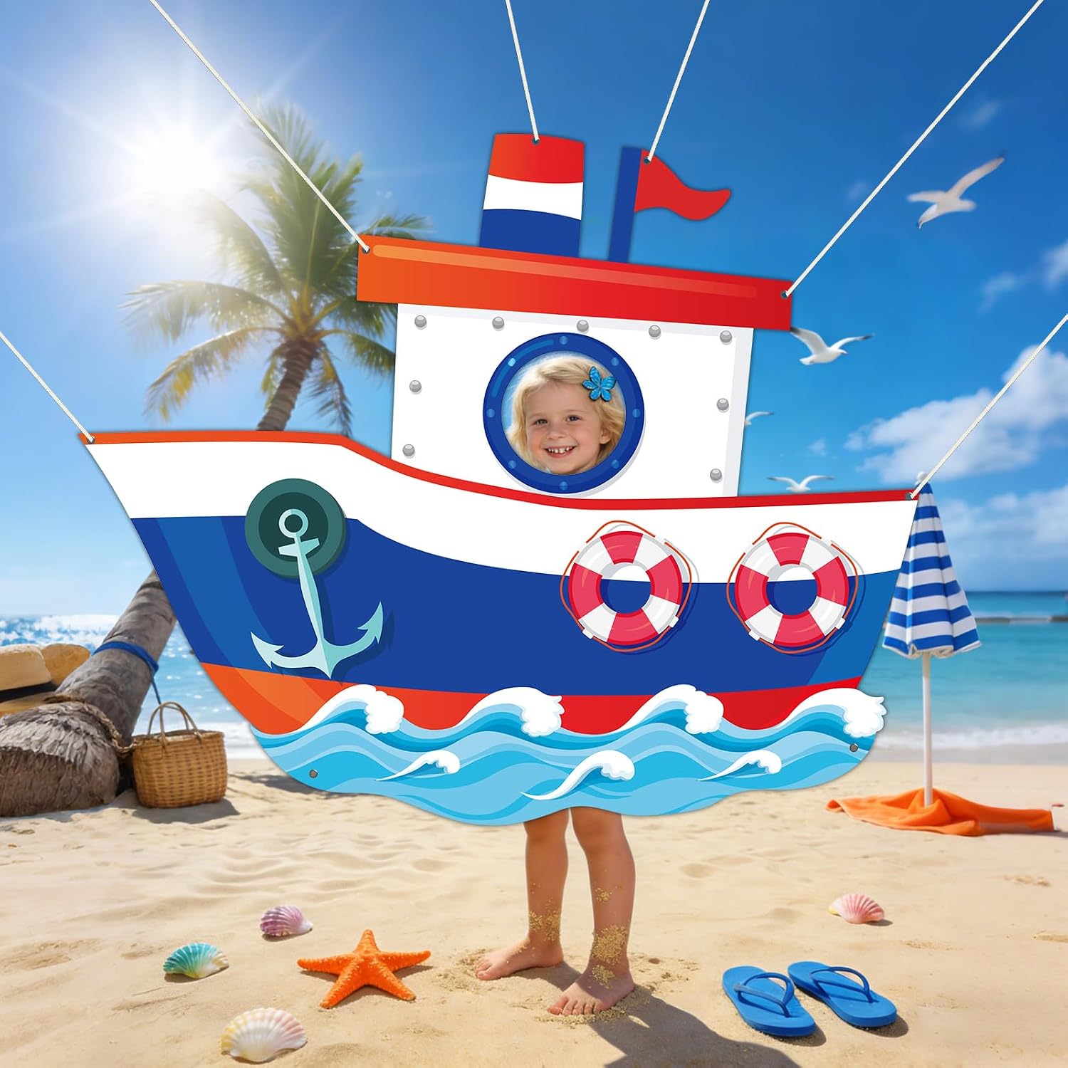 Summer Nautical Party Decoration Cruise Ship Photo Booth Props Ocean Ship Backdrop Banner Ocean Nautical Photo Backdrop Props Sailing Boat Selfie Frame for Birthday Baby Shower Supplies