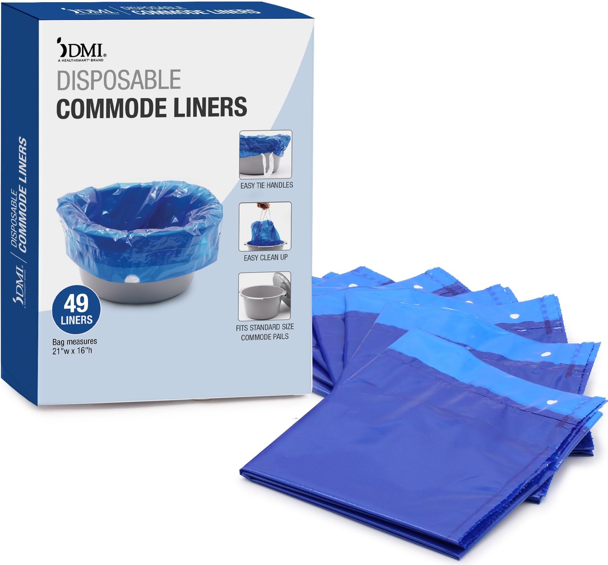 DMI Disposable Commode Liners, Mess Free Clean Up, Easy Tie Handles, Disposable, FSA & HSA Eligible, Dark Blue Color, Pack of 49