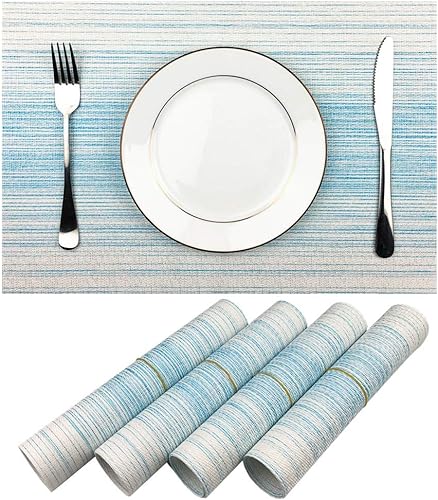 Mantel individual de vinilo tejido duradero, lavable, resistente al calor, antideslizante, para cocina, comedor (juego de 4, azul con blanco)