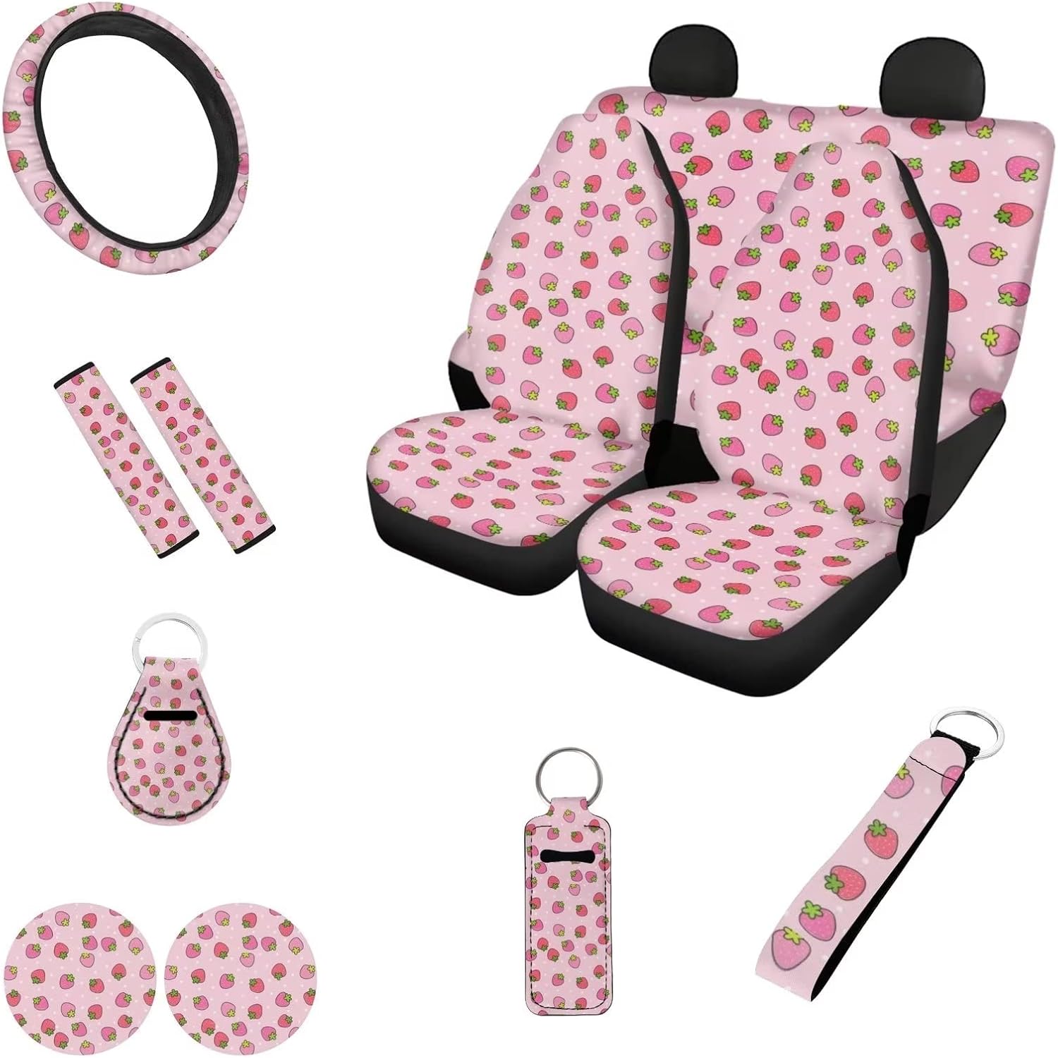 Pink Strawberry Car Seat Covers for Women, 12 Pack Steering Wheel Cover Shoulder Seat Belt Protector Keychain Cup Holder Coasters, Full Set Auto Accessories