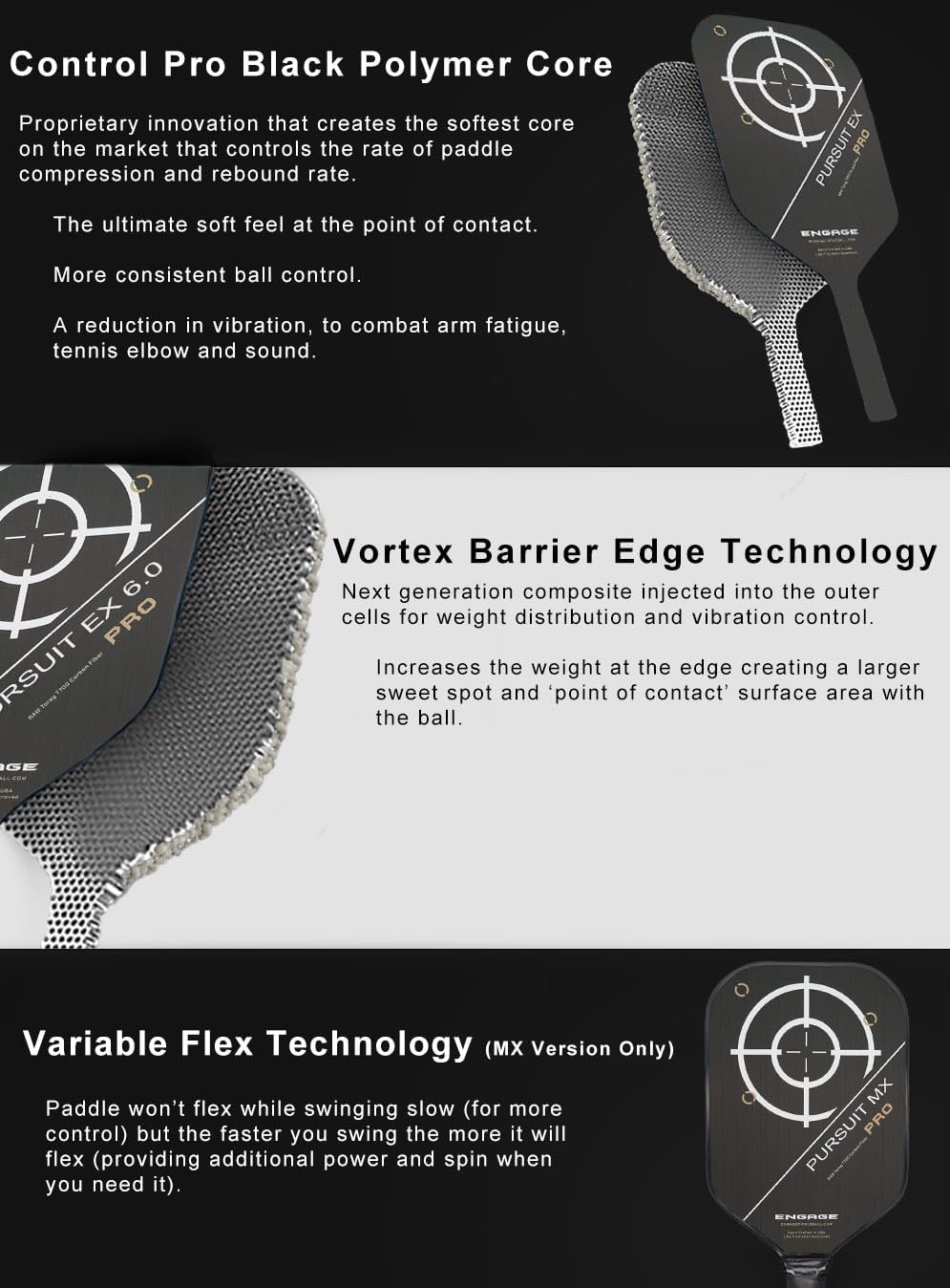Engage Pursuit Pro | Raw Carbon Fiber Pickleball Paddle – Elongated Shape, Control Pro “Black” Core, Vortex Barrier Edge Technology Limits Vibration – Standard Weight