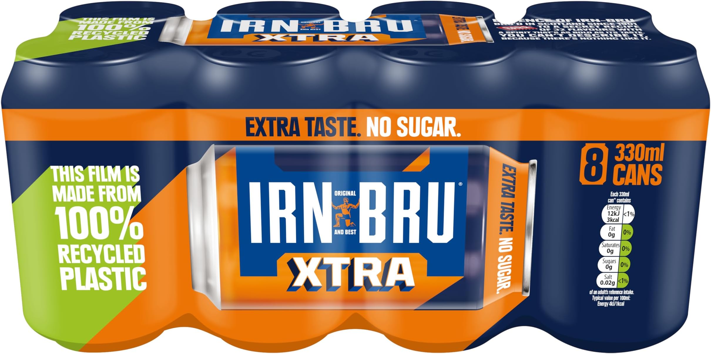 IRN-BRU XTRA, 8 Pack Zero No Sugar & Low Calorie with XTRA Taste Fizzy Drinks Multipack Cans - 8 x 330ml Cans