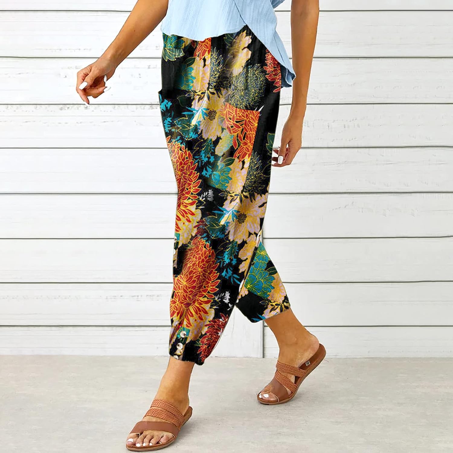 Women's Capri Pants High Waist Drawstring Cinch Bottom with Button Cotton Loose Casual Trouser with Pockets - Image 2