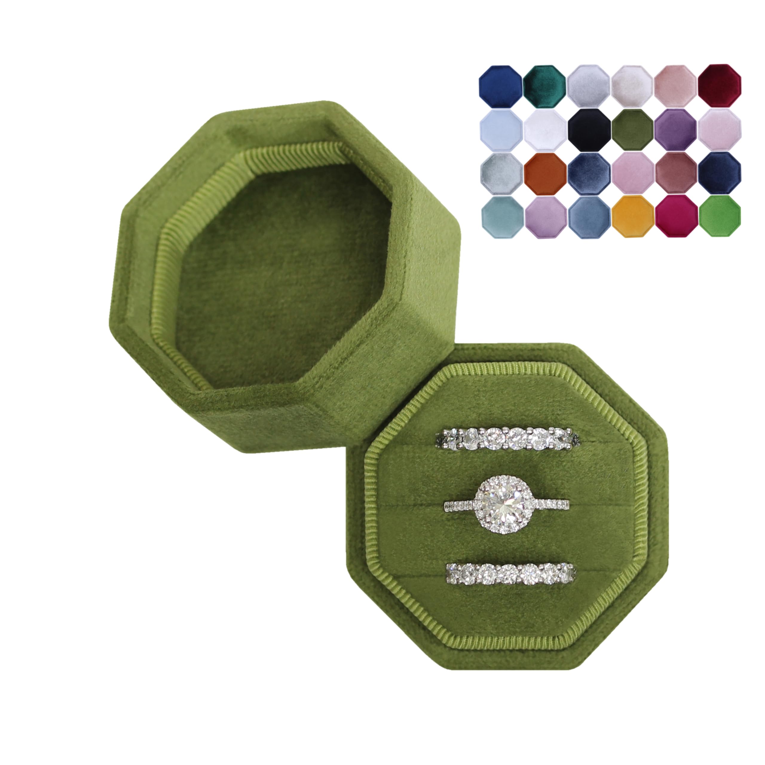 Velvet 3 Slots Jewelry Ring Box Engagement Wedding Box Keepsake Box Bridal Photo Ring Triple Slots Octagon (Olive Green)