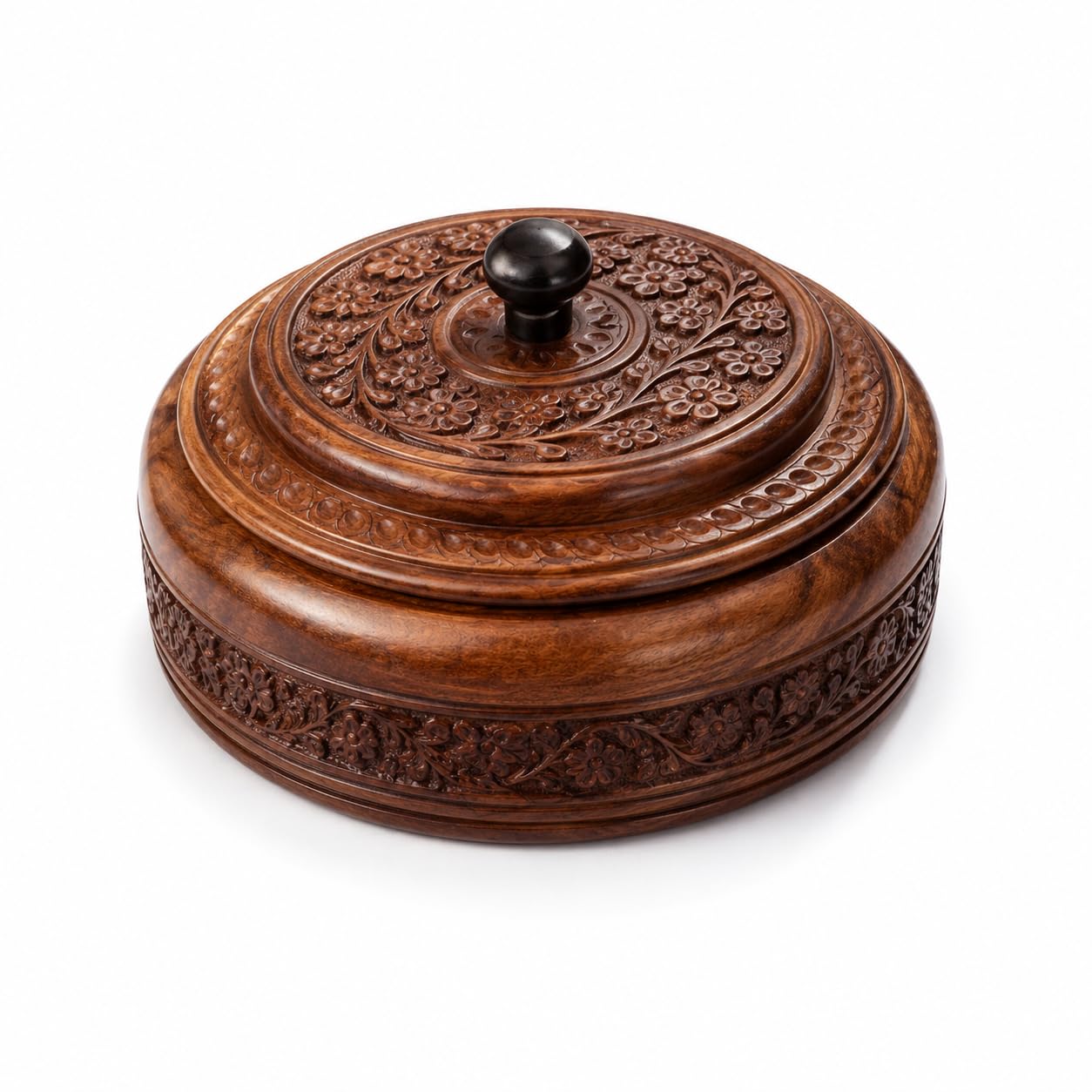 Handcrafted Sheesham Wood Dry Fruit Box with Lid & 4 Compartments | Premium Carved Round Storage Container for Dry Fruits, Spices, Snacks & Gifting | Traditional Wooden Decorative Box-image-27