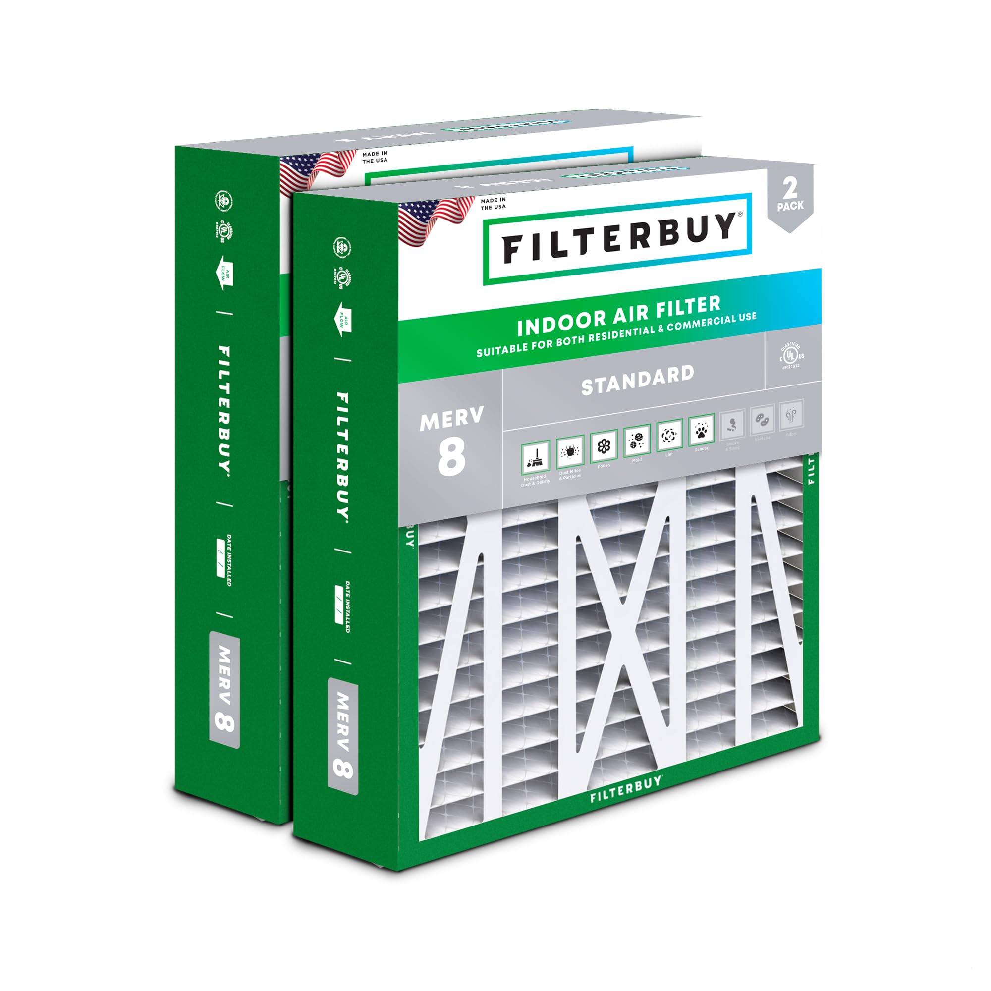 Filterbuy Filtro Aria MERV 8 Per HVAC - Confezione Da 2, 16x30x1 Pollici, Prodotto In USA, Cattura Polvere E Polline
