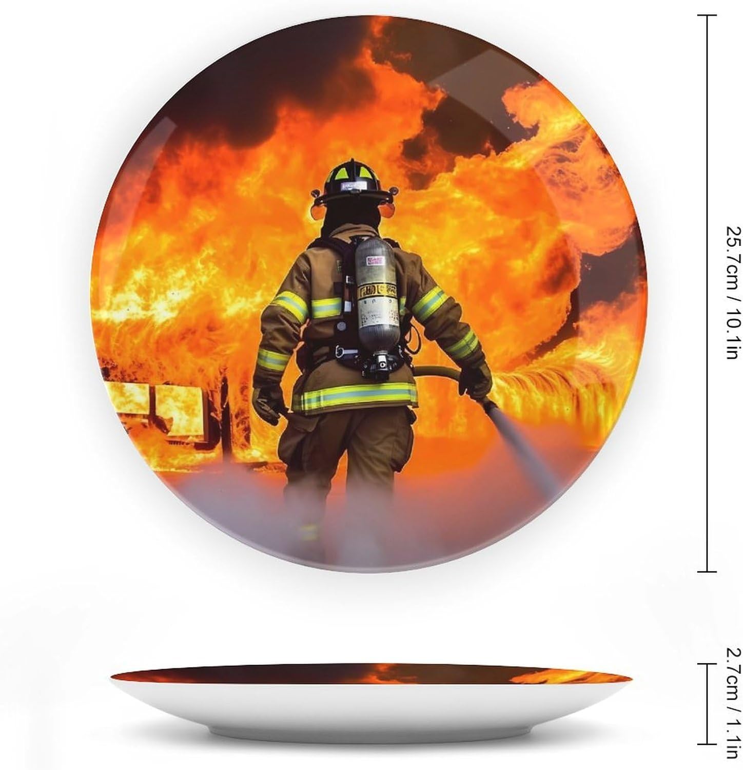 Firefighter Fireman Flame Decorative Ceramic Plate Personalized Bone China Decorative Plate Round Porcelain Plates with Display Stand Cabinet Display Plates for Home Decor 10inch