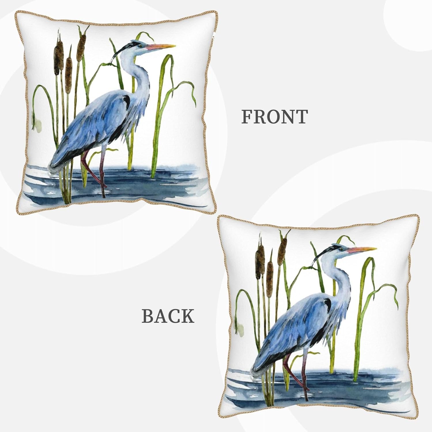Velvet Throw Pillow Cover Animal Heron in Weeds Birds Gold Trim Pillowcases Home Decor Pillow Cases Standard Size 18×18 for Sofa Car Chair Bedroom Living Room Cushion Covers - Image 3