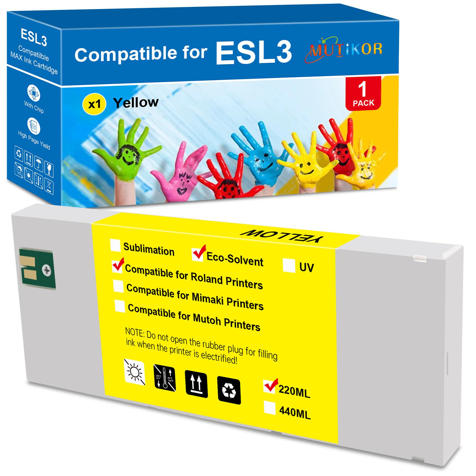 ESL3 Ink Cartridge 220ML Replacement for Roland ECO-SOL MAX ESL3 Ink Cartridge Work for VersaStudio BN-20, SolJet Pro II SC-500 SC-500EX SC-540 SC-540EX SJ-1000 Printers (ESL3-YE, 1 Yellow)