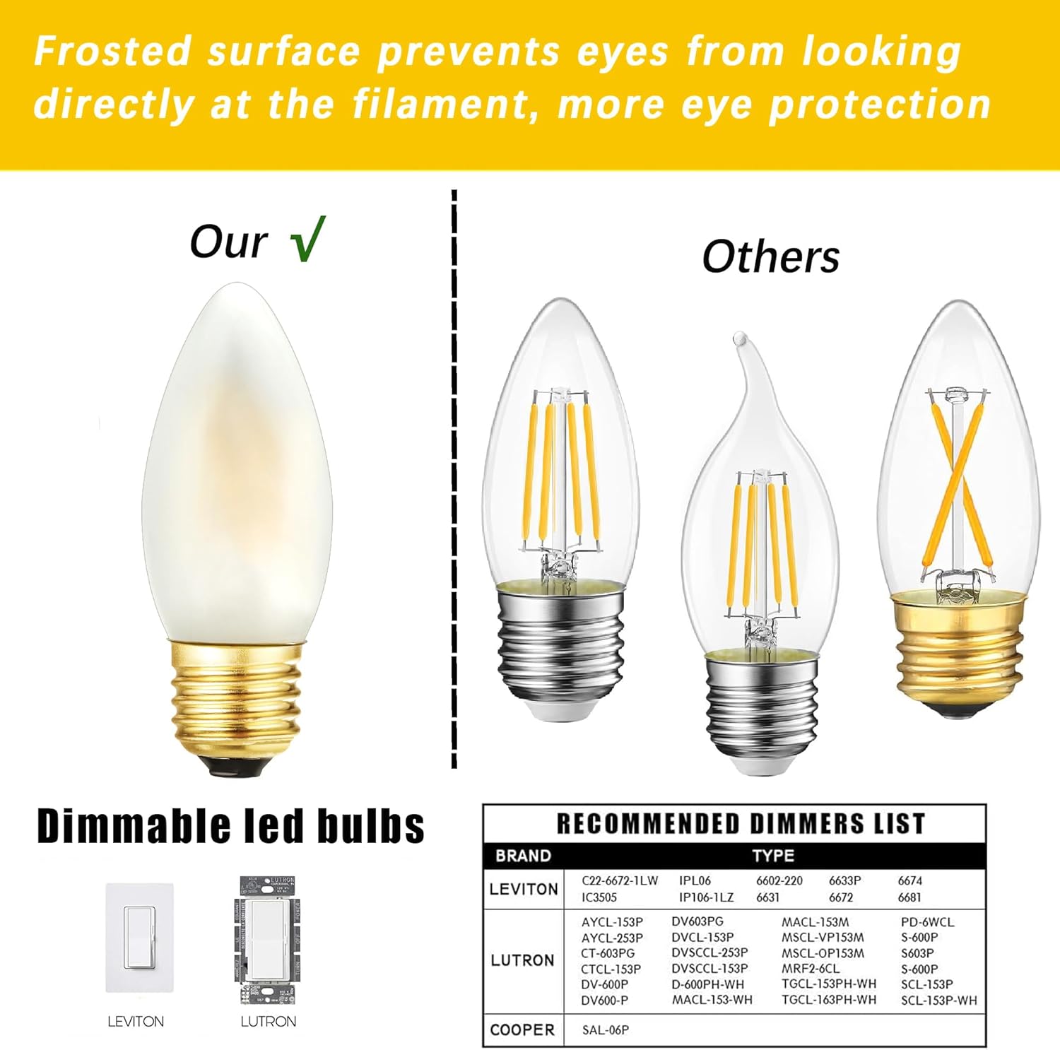 Frosted Candelabra Light Bulb E26 Dimmable LED Bulb, 6W Equivalent 60W,AC120V, 5000K Daylight White, B11 LED Chandelier Candle Light Bulbs for Ceiling Fan, Chandelier, 6 Pack