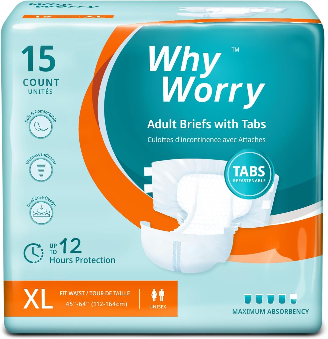 WhyWorry Adult Diapers with Tabs, Disposable Incontinence Briefs for Women & Men with Maximum Absorbency, Adult Briefs for Incontinence Overnight, Odor Control, Unisex, XLarge, 15 Count