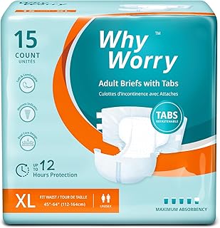 WhyWorry Adult Diapers with Tabs, Disposable Incontinence Briefs for Women & Men with Maximum Absorbency, Adult Briefs for Incontinence Overnight, Odor Control, Unisex, XLarge, 15 Count