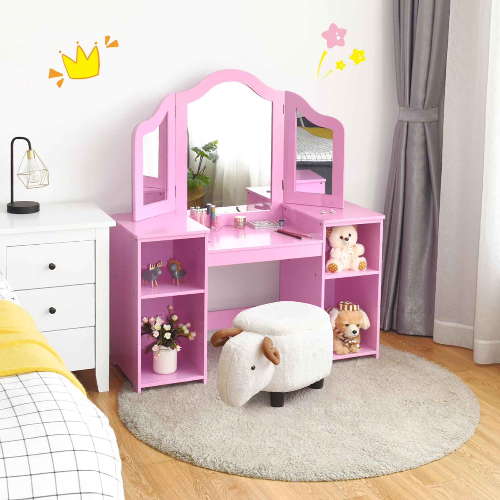 COSTWAY Toeletta Trucco per Bambina, Specchiera per Ragazzi in Legno Robusto, Postazione Trucco 2 in 1 con 4 Mensole e Specchio (Rosa)