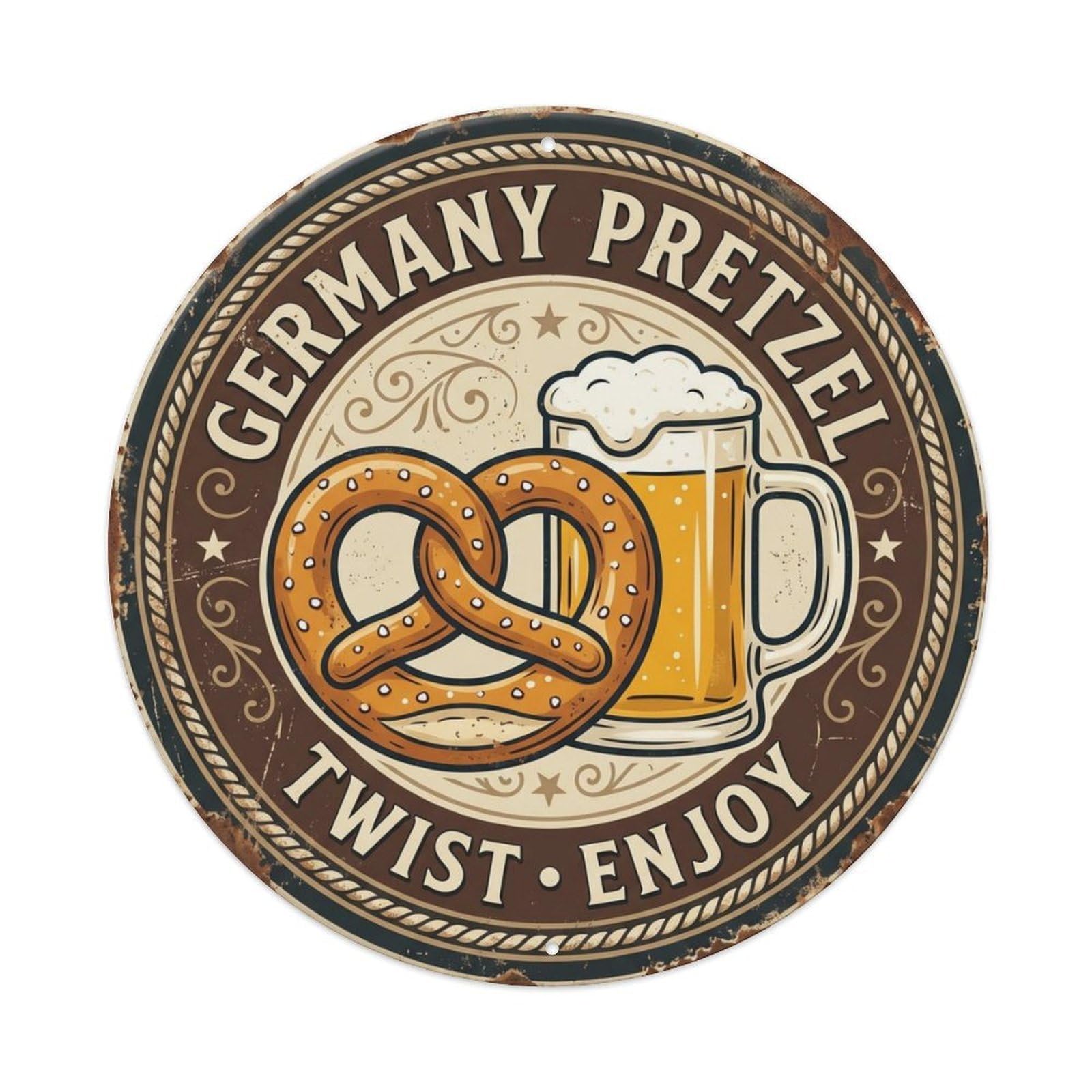 Pretzel Twist Enjoy Germany Snack Vintage Metal Tin Sign Plaque Wall Decor for Cafe, Club, Garden Round Metal Poster 8x8Inch