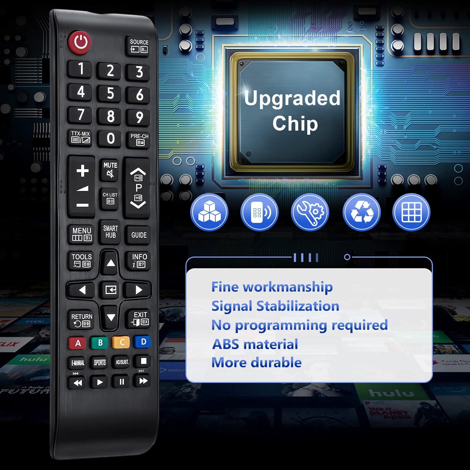 Hand holding the remote control, with a TV screen displaying various app icons