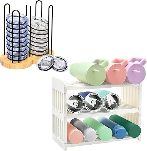 Spaclear Organizador de botellas de agua ajustable de 3 niveles + organizador de tapa de vaso, organizador de despensa de cocina y estante de