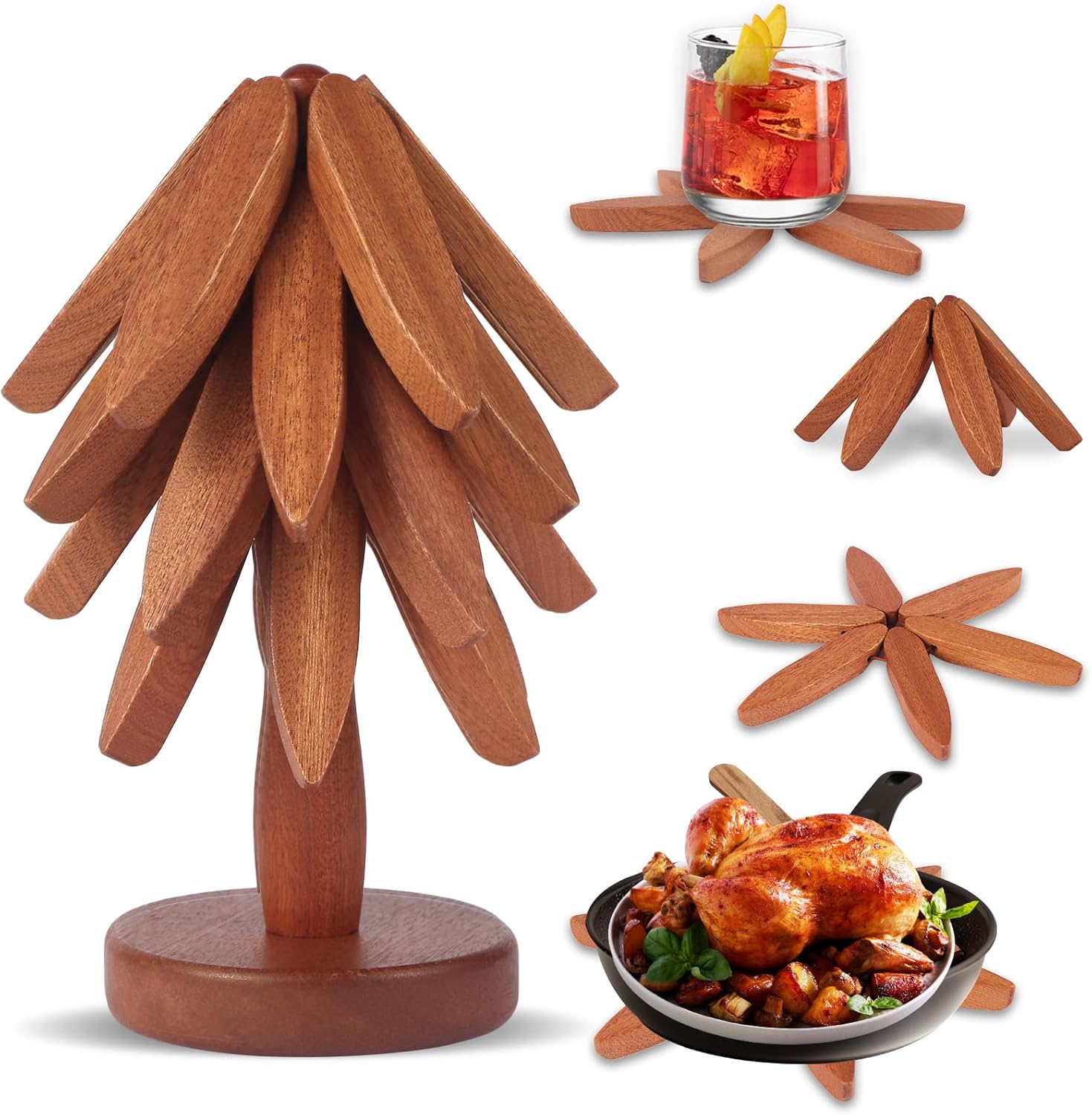 Tree Coasters, Wooden Trivets for Hot Dishes/Pot/Bowl/Teapot/Pans, Tree Shape Trivet Set - 4 Wooden Trivets + 1 Stand Stored, Kitchen Decor Gifts for Him/Her (Leaf Pattern - 4Pcs)