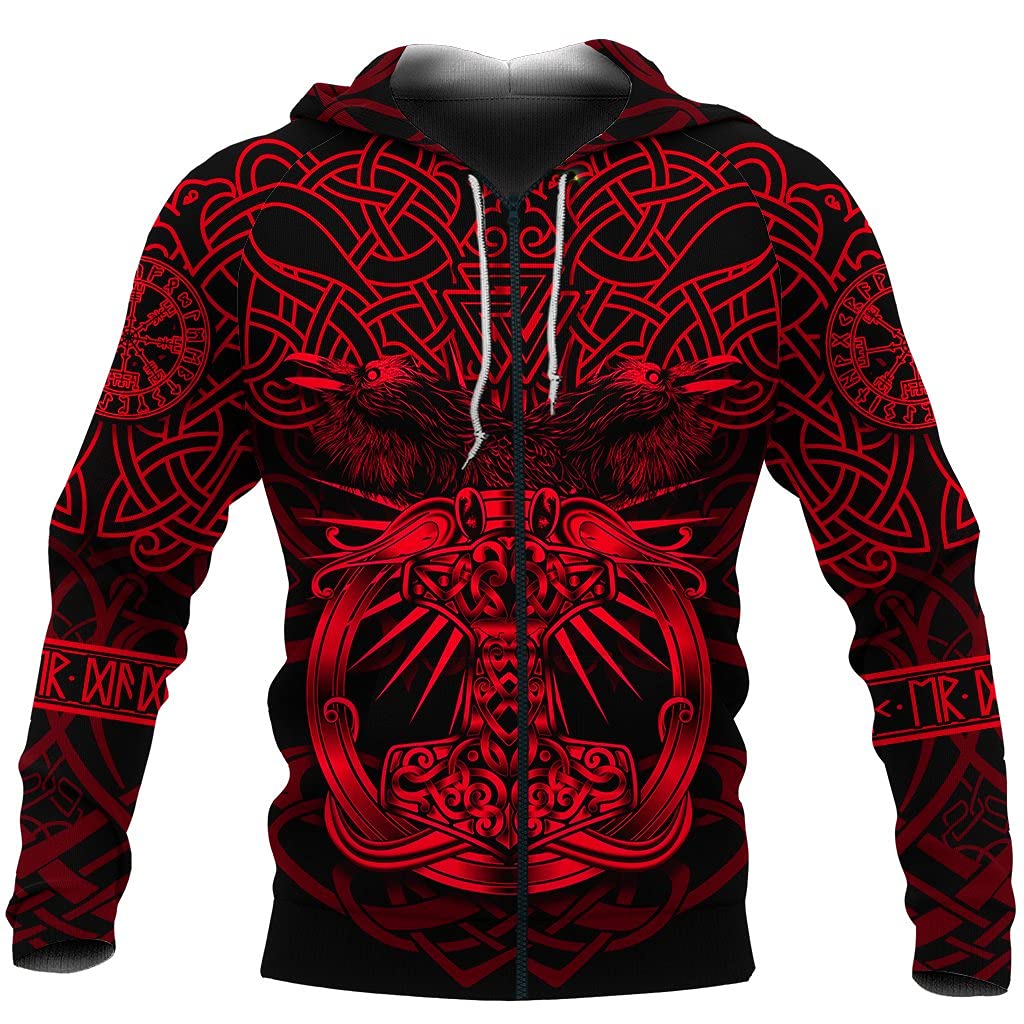 Viking Thor sweat à capuche zippé rouge XXL avec tatouage rune 3D
