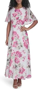 Calvin Klein Women's Flutter Sleeve Round Neck Floral Chiffon A-line Midi Dress, Rose Multi, 2 at Amazon Women's Clothing store