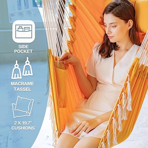 Miniatura 5 de PNAEUT Silla hamaca columpio con borla hecha a mano, flecos de macramé hechos a mano, para colgar en interiores y exteriores (limón)