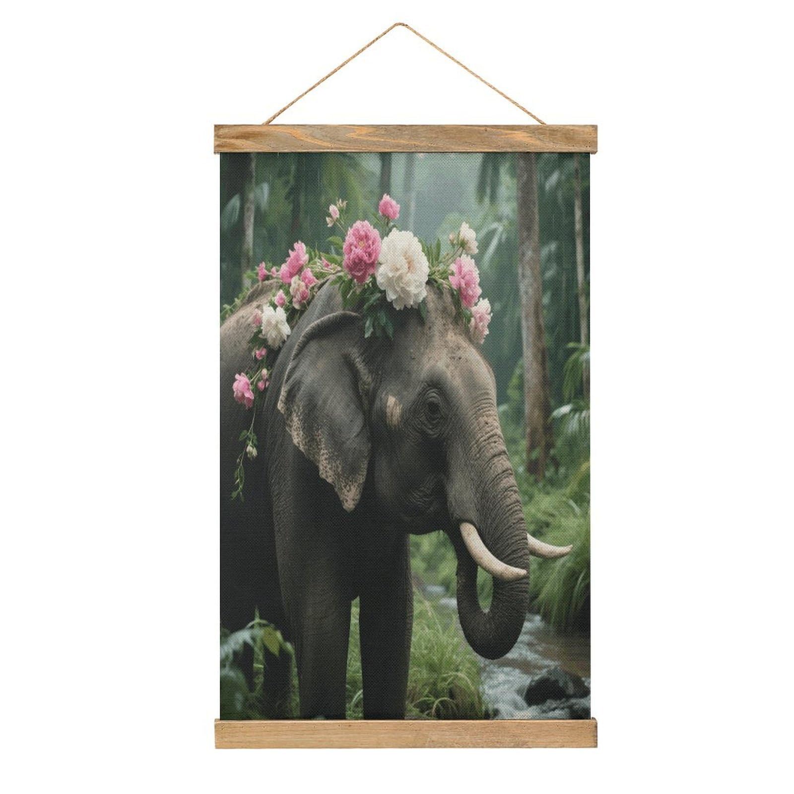 VstaDank Flower Elephant Hanging Poster with Wooden Frame Modern Linen Hanging Painting Retro Style Wall Decor Art Painting for Living Room,Bedroom Decor Poster Frame 20.4x13.1inch