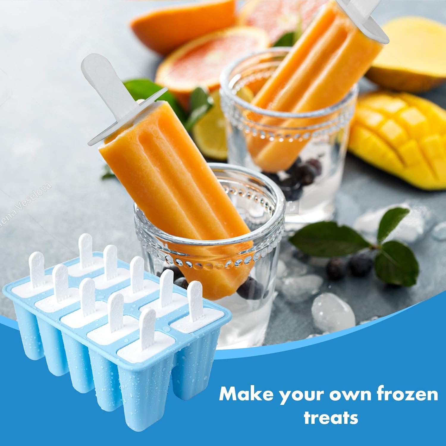 Popsicle Molds, 10 Pieces Silicone Popsicle Molds with Sticks BPA Free Ice Pop Molds Reusable Easy Release Ice Popsicle Maker, Blue