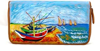 Hand-painted leather woman wallet - FISHING BOATS ON THE BEACH OF LES SAINTES-MARIES-DE-LA-MER BY VAN GOGH - Made in Italy, Zipper closure, Portfolio with credit card holder, Craftsmanship