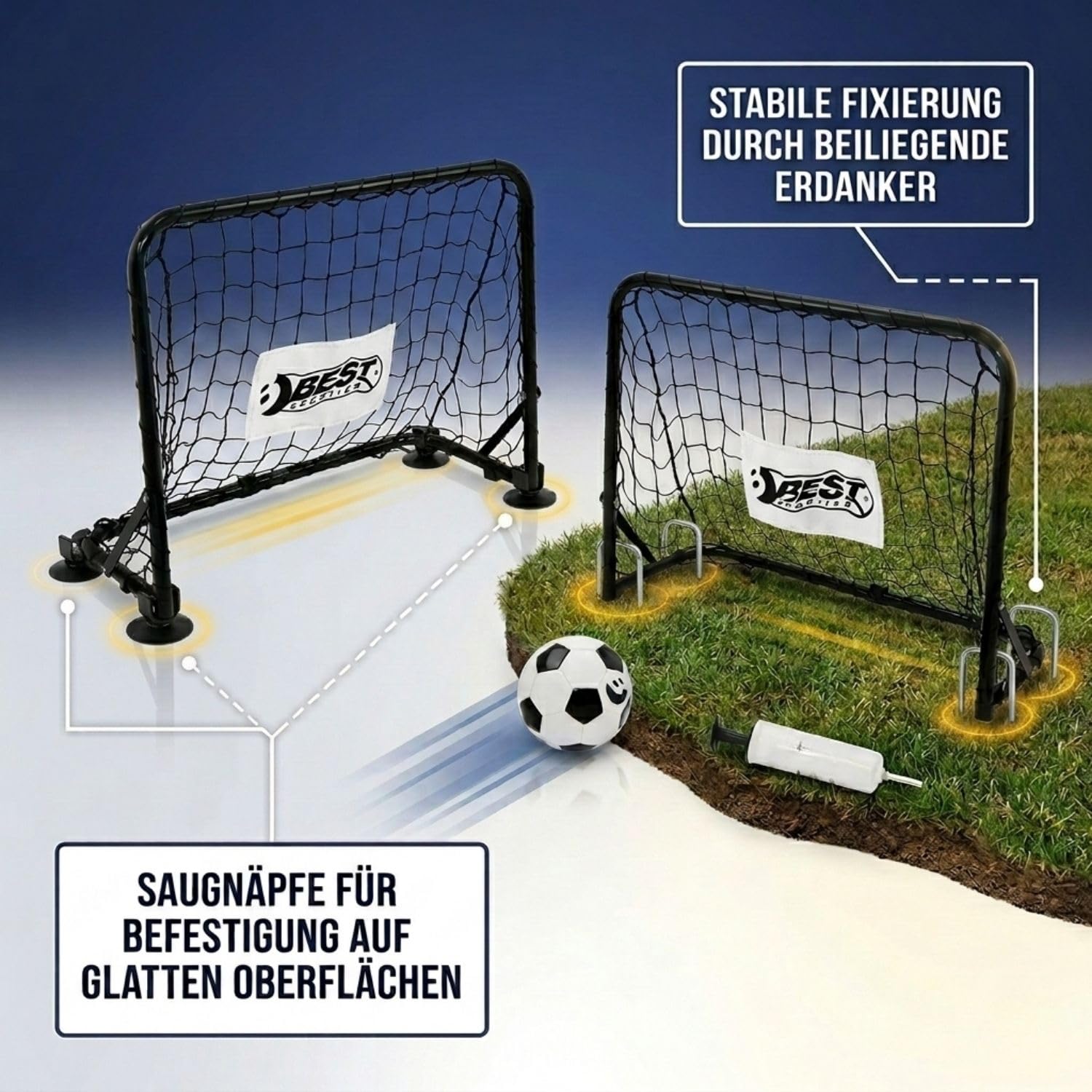 Best Sporting Mini Fussballtor | Fussballtore 2er Set - ideal als Fussball Geschenke Jungen | Inklusive Ball Größe 1, Luftpumpe, Erdanker zur Fixierung und Saugnäpfe für Glatte Oberfläche 60x45x24 cm