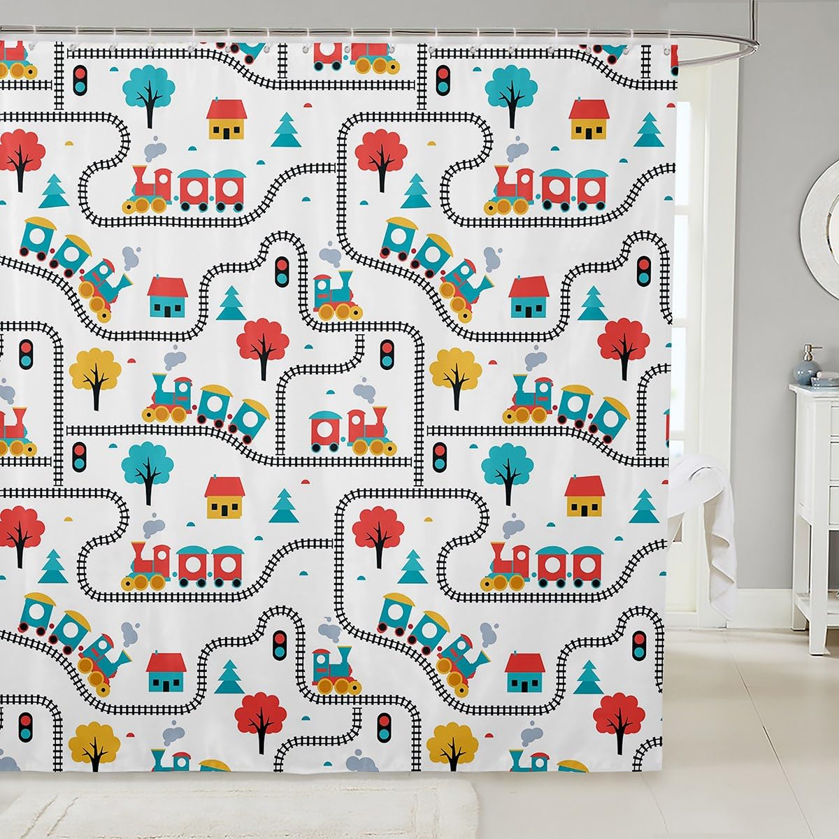 Rideau de douche enfants anti moisissure étanche motif train de dessin animé avec crochets