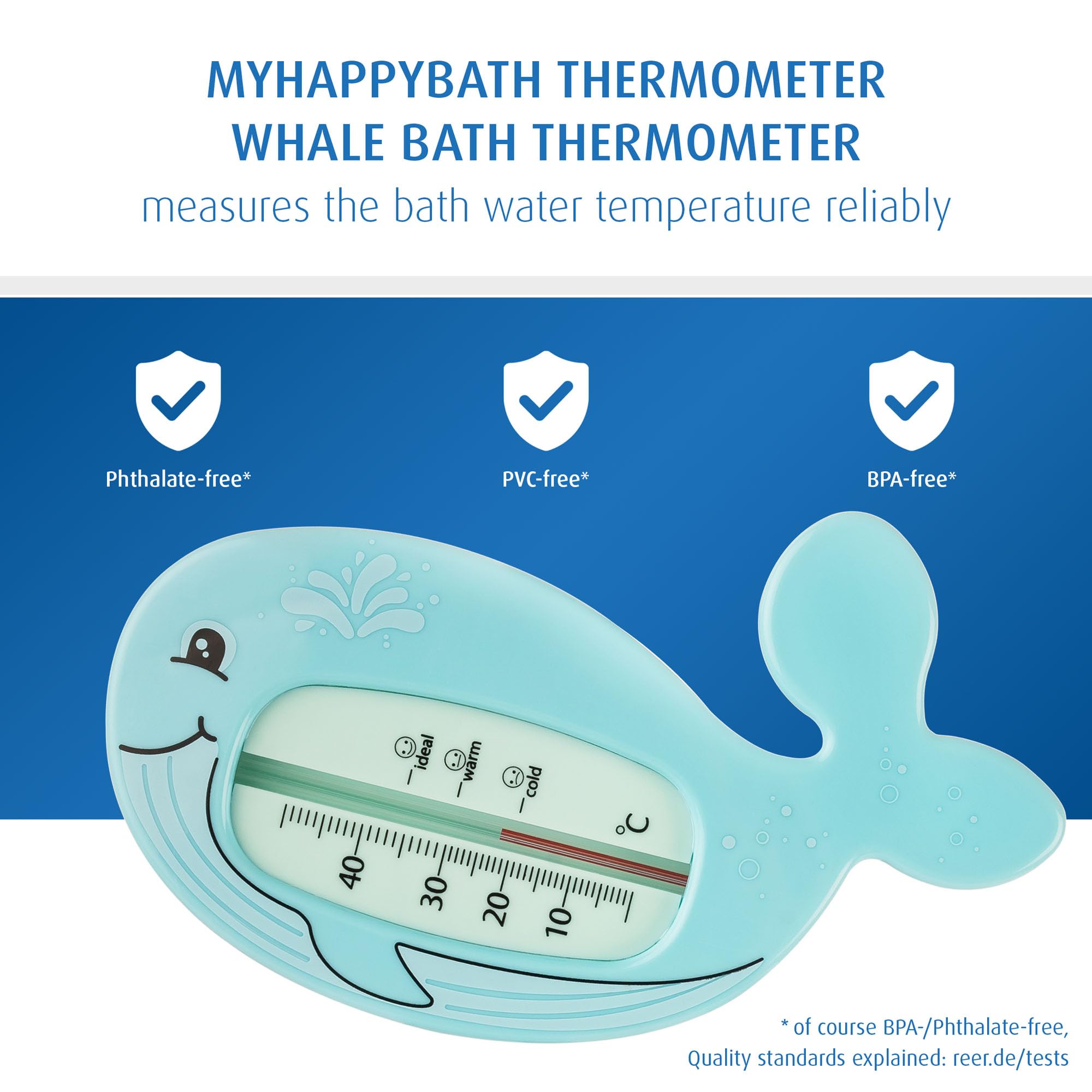 reer MyHappyBath Thermomètre de bain pour bébé en forme de baleine - Design mignon - Thermomètre de bain sans danger pour les enfants - Température de bain optimale pour la baignoire - Sans mercure -
