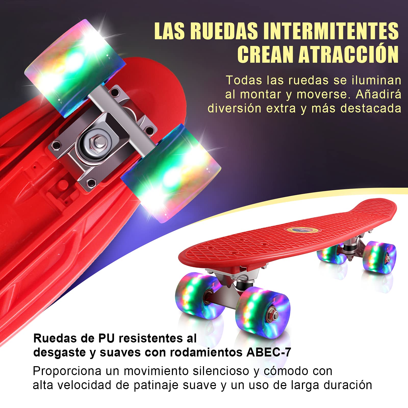 Monopatín Skateboard Completo Niños con 4 Ruedas LED para Niño y Niña Penny Board Mini Cruiser de 55CM con Herramienta T de Patinete Todo-en-uno — view 2