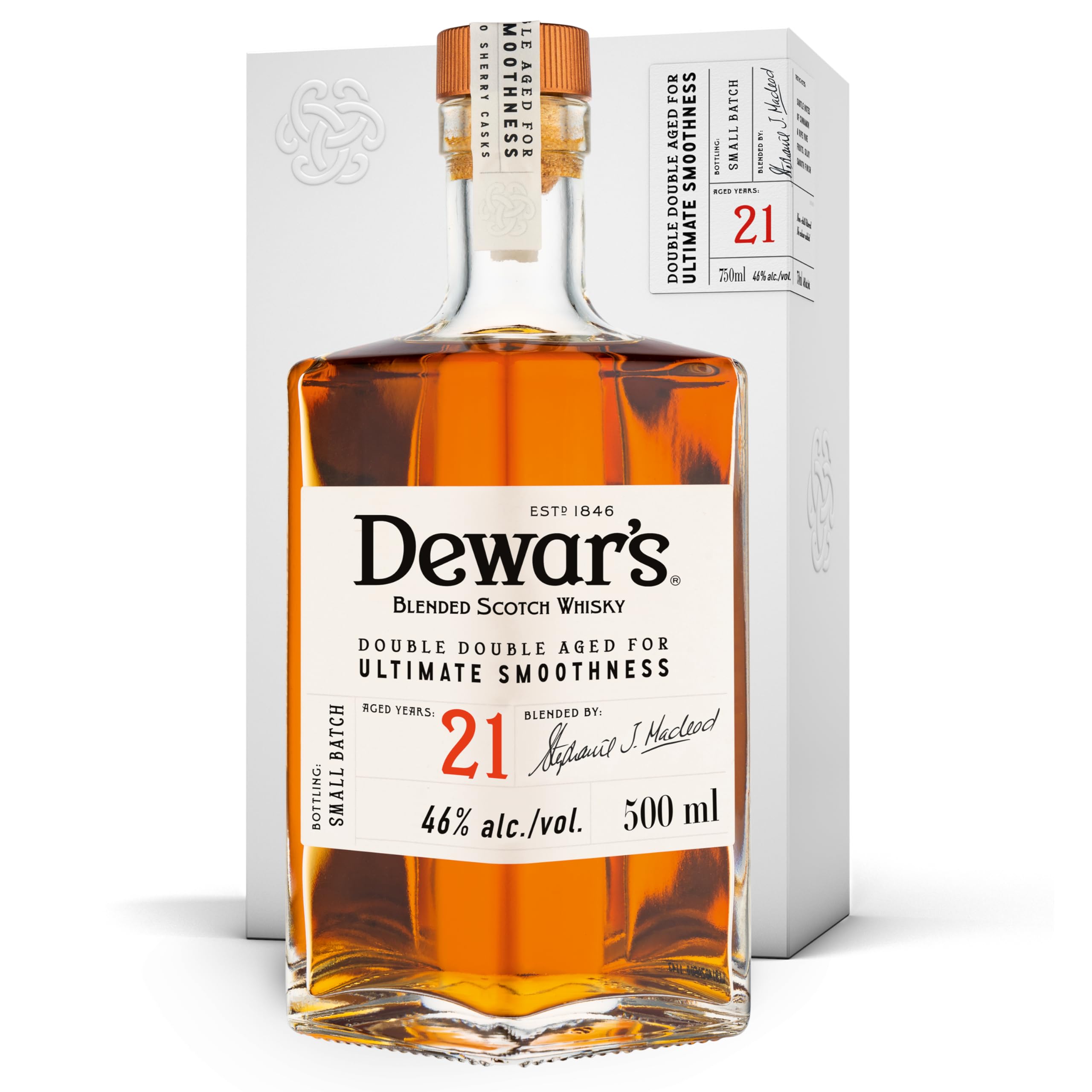 Dewar's Double Double 21 Year Old Blended Scotch Whisky, 46% ABV, 500ml, con Caja de Regalo, Acabado en Barricas de Jerez Oloroso, 50cl