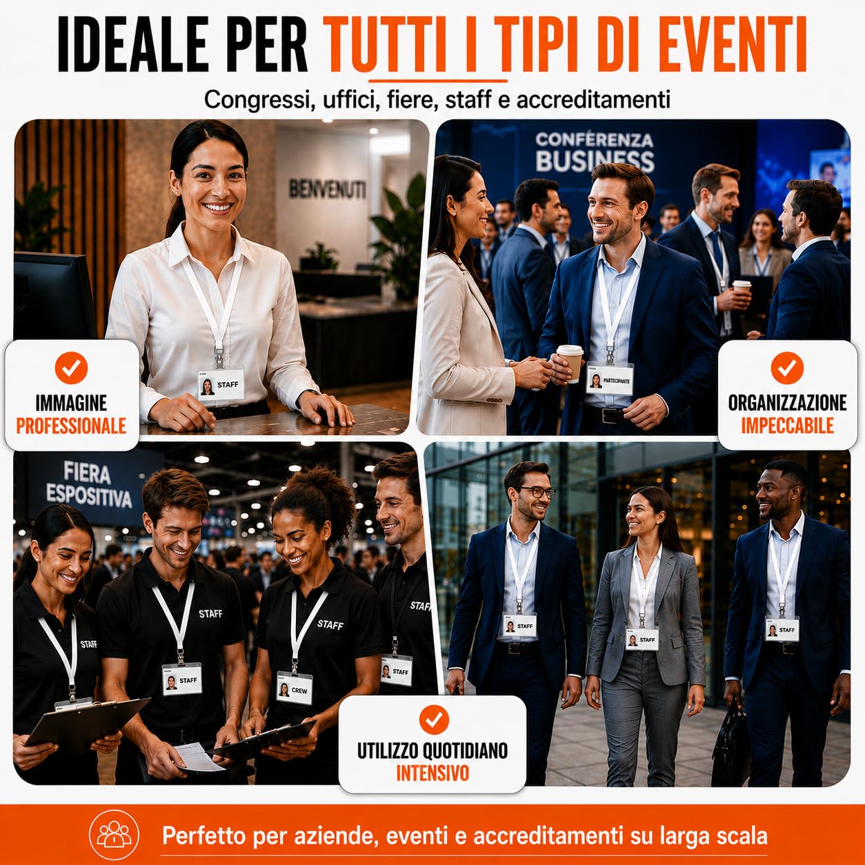 Set 100 Lanyard Bianchi + 100 Porta Badge Verticali 9 x 12 cm | Poliestere 2 cm x 46 cm, gancio metallico 4 cm, PVC trasparente, apertura superiore, lettura RFID e QR senza estrarre la tess