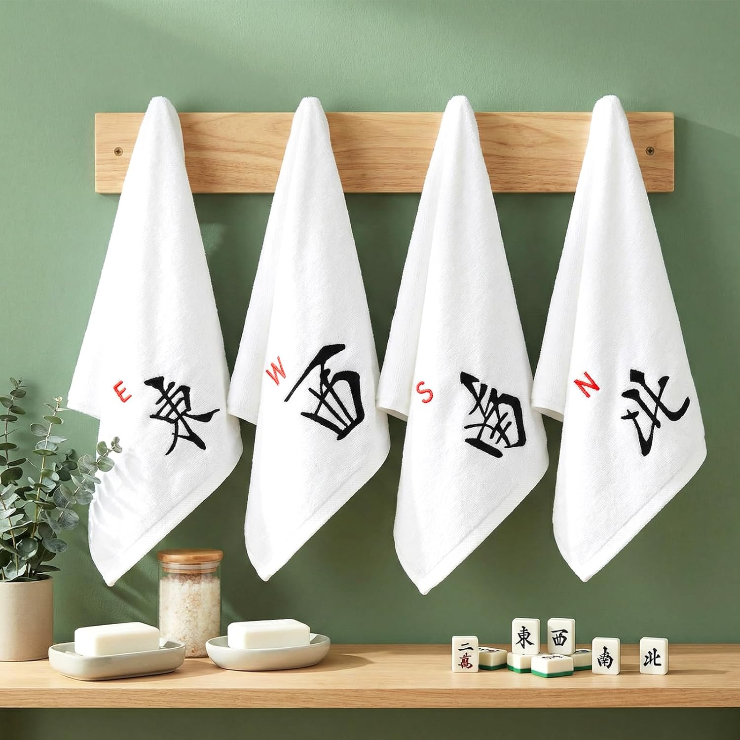 4 Pcs Mahjong Hand Towels, Mahjong Gifts for Bathroom Kitchen North, South, East, West Embroidered Cotton Chinoiserie Towels, Mah Jong Hand Towel for Bathroom Kitchen Decor, 14 x 30'' - Image 2