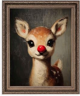 Whimsical Deer Christmas Wall Art, Rudolph Painting Reindeer Cute Print, Red Nose Christmas Wall Art, Moody Vintage Rudolph Poster, Rustic Artwork (11 x 14 inch Unframed Print)