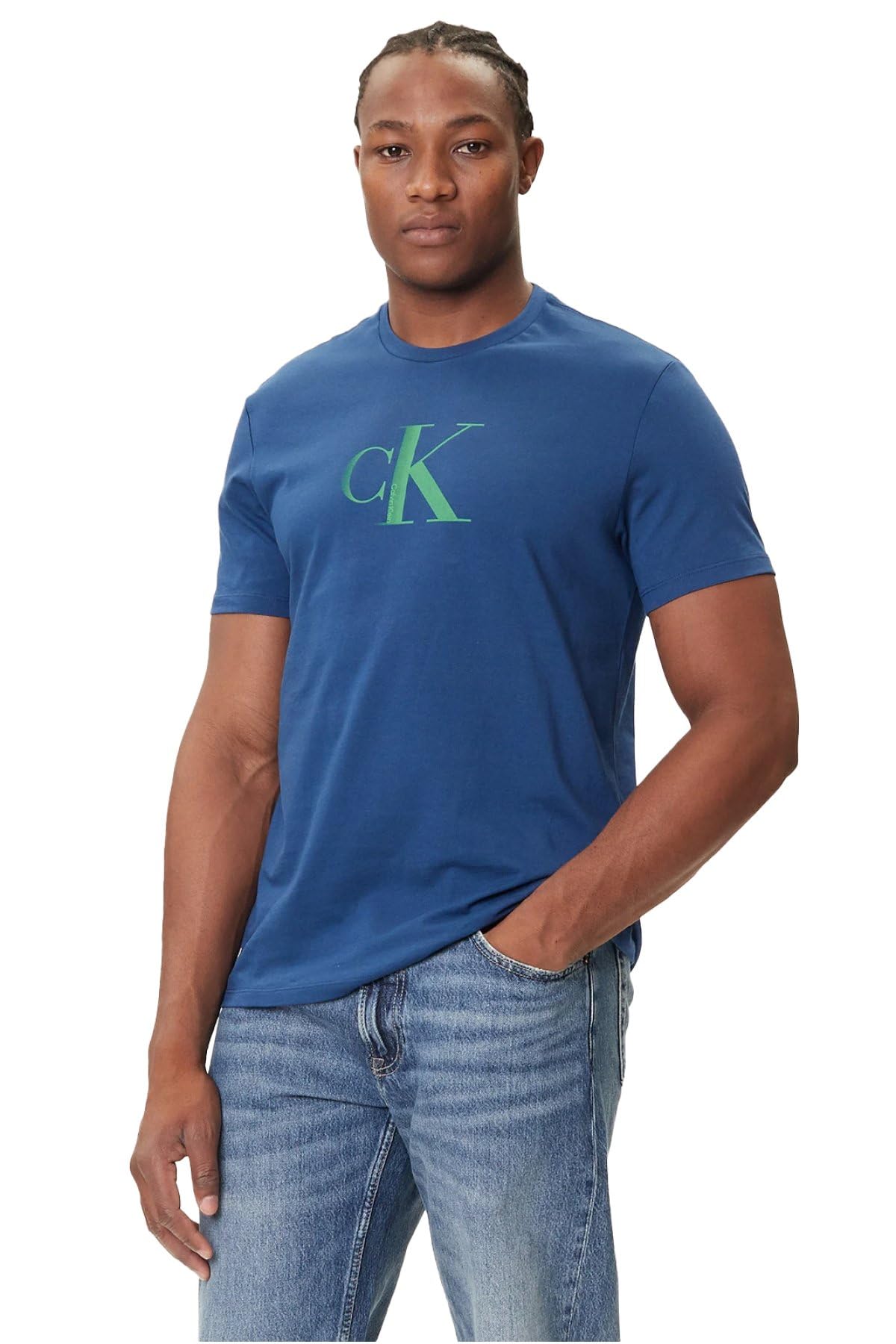 Calvin Klein Men's Short Sleeve Centre Monogram Classic Cotton T-Shirt, Blue (Blue Jean), S