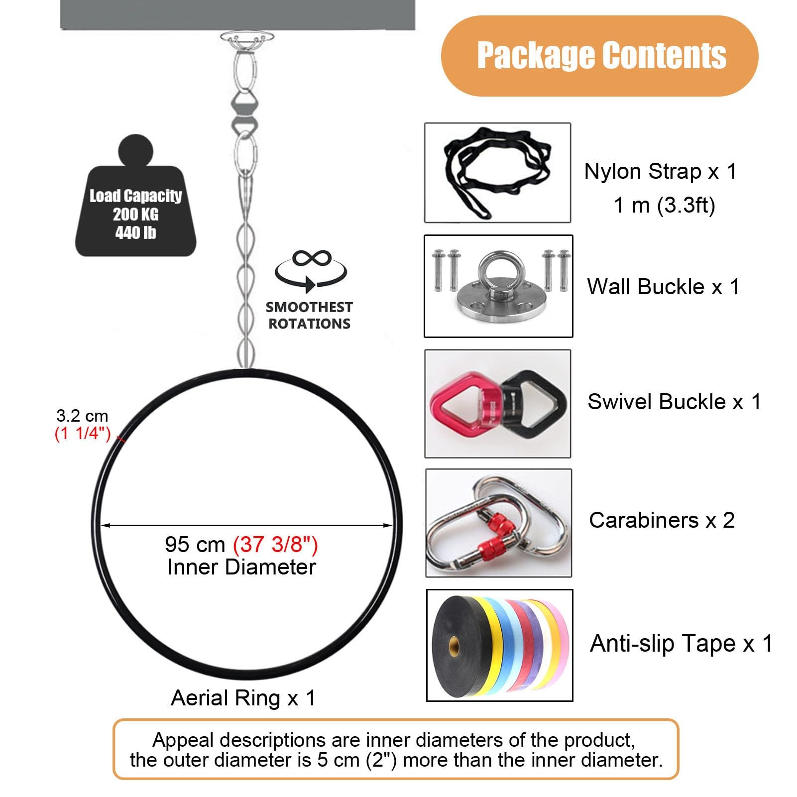 Kunovo Complete Black Lyra Aerial Hoop Kit, Iron Zero Point Lyra Hoop with Rigging Kit ? Anti-Slip Tape, Acrobatics/Circus Aerial Ring, 1.2