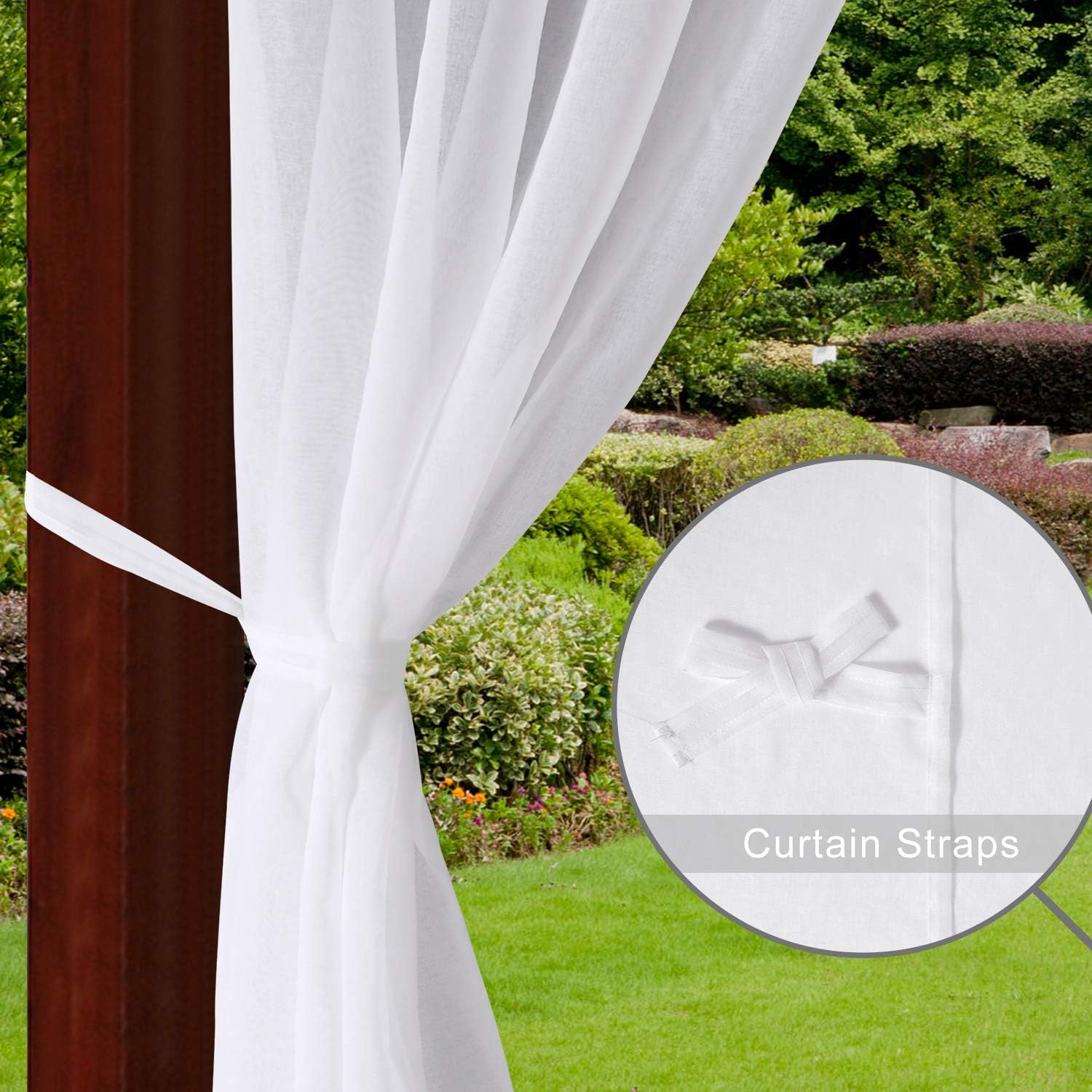 DWCN Outdoor Sheer Curtains for Patio - White Semi Voile Waterproof Sheer Curtains for Gazebo, Pergola, Porch, Set of 2 Window Curtain Panels with 2 Tieback Ropes, 52 x 120 Inches Long