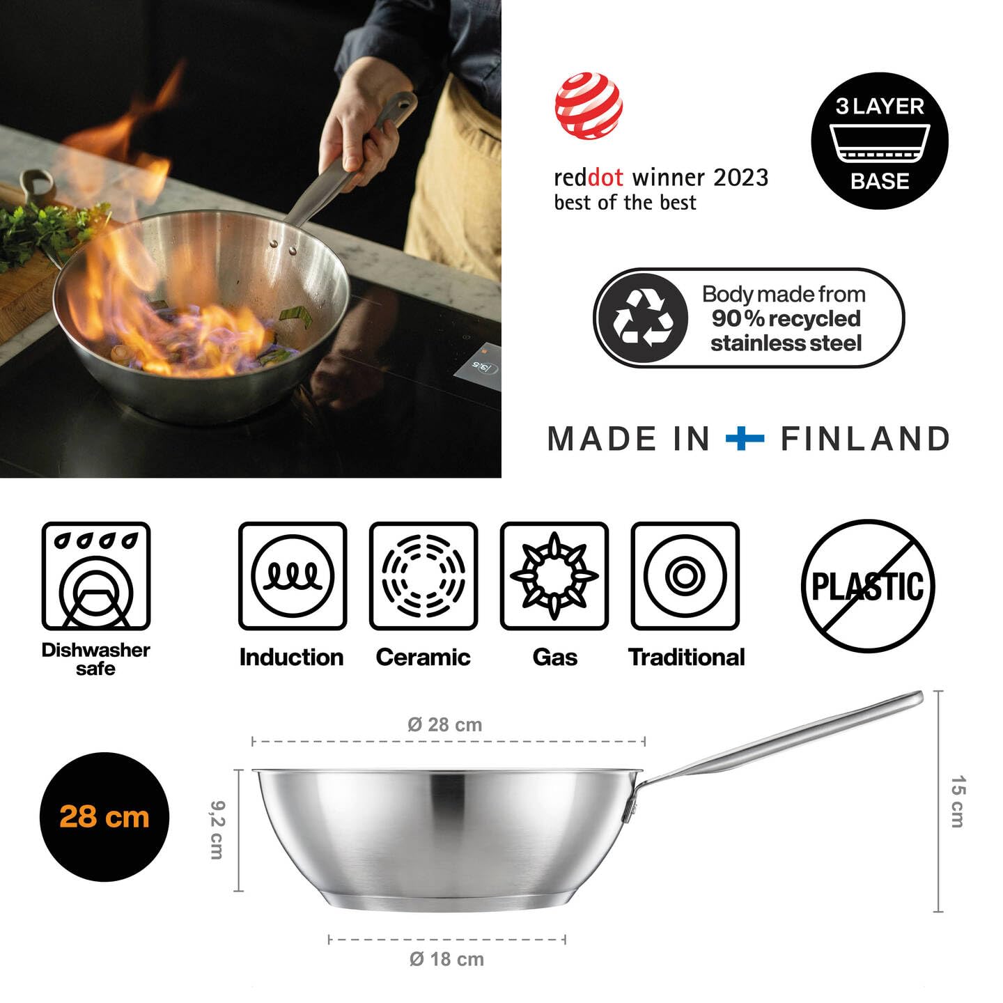 Fiskars Wok, Ø 28 cm / 4,5 L, Czysta stal, Niepowlekana patelnia, Nadaje się do wszystkich płyt grzewczych, Stal nierdzewna z recyklingu, Srebrny, 1065629