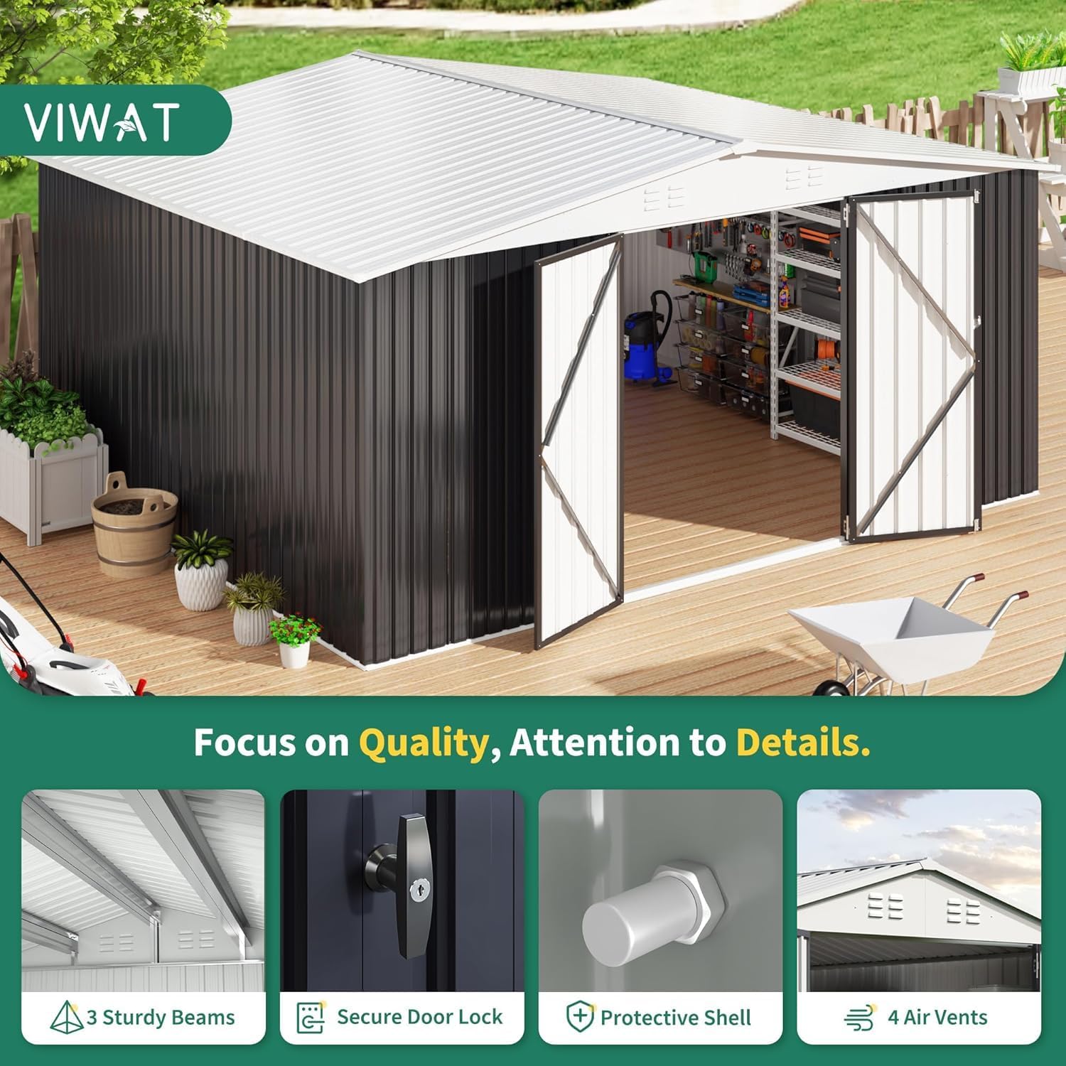 Close-up image showing key features of the shed: sturdy beams, secure door lock, protective shell, and air vents.