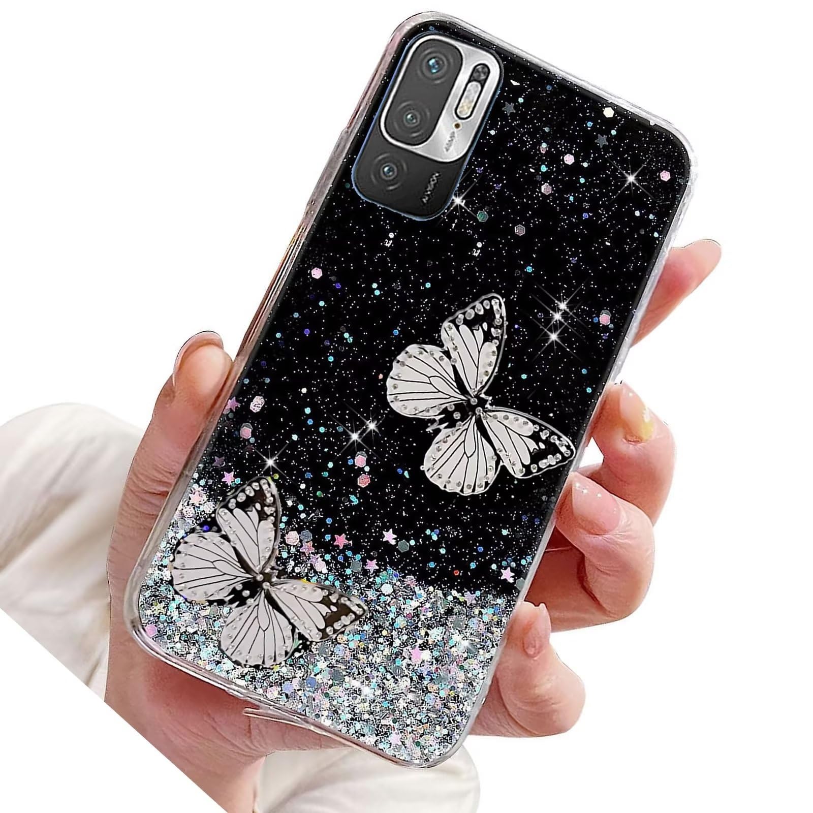 Funda Con Purpurina Para Xiaomi Mi 10T Lite 5G - Diseño Mariposa, Arena Movediza Brillante Y TPU Suave