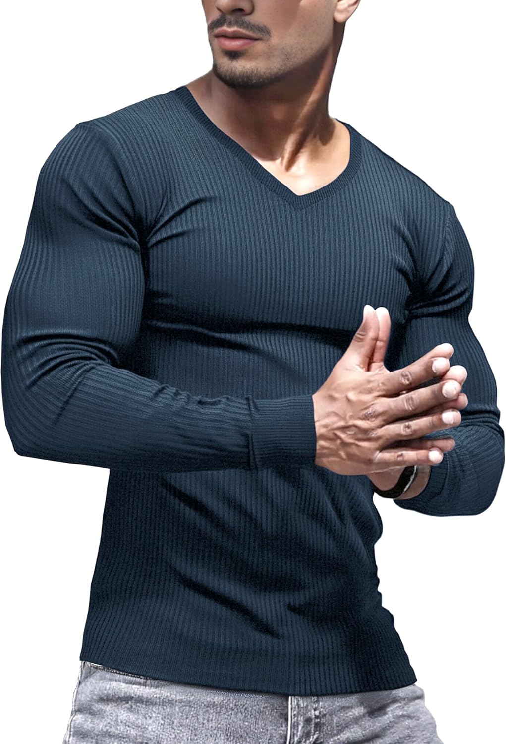 Lehmanlin Mens Slim Fit V Neck Long Sleeve Muscle T-Shirt Stretch Ribbing Undershirts Pullover Top Thermal Underwear