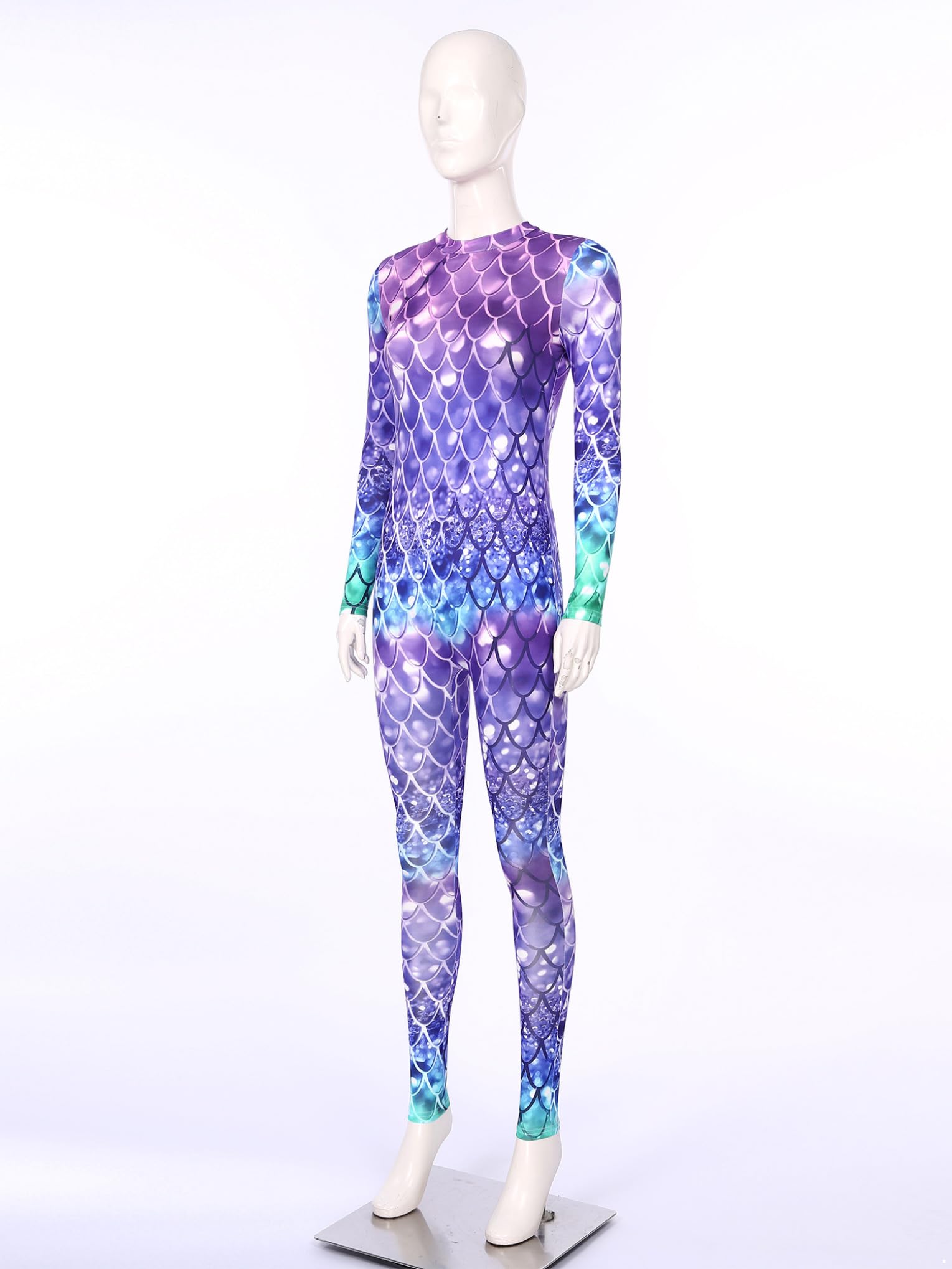 Mono Largo de Gimnasia Rítmica Body Mujer Cuello Alto Mangas Largas con Estampado Escamas de Pescado Mono de Danza Jumpsuit Deportivo
