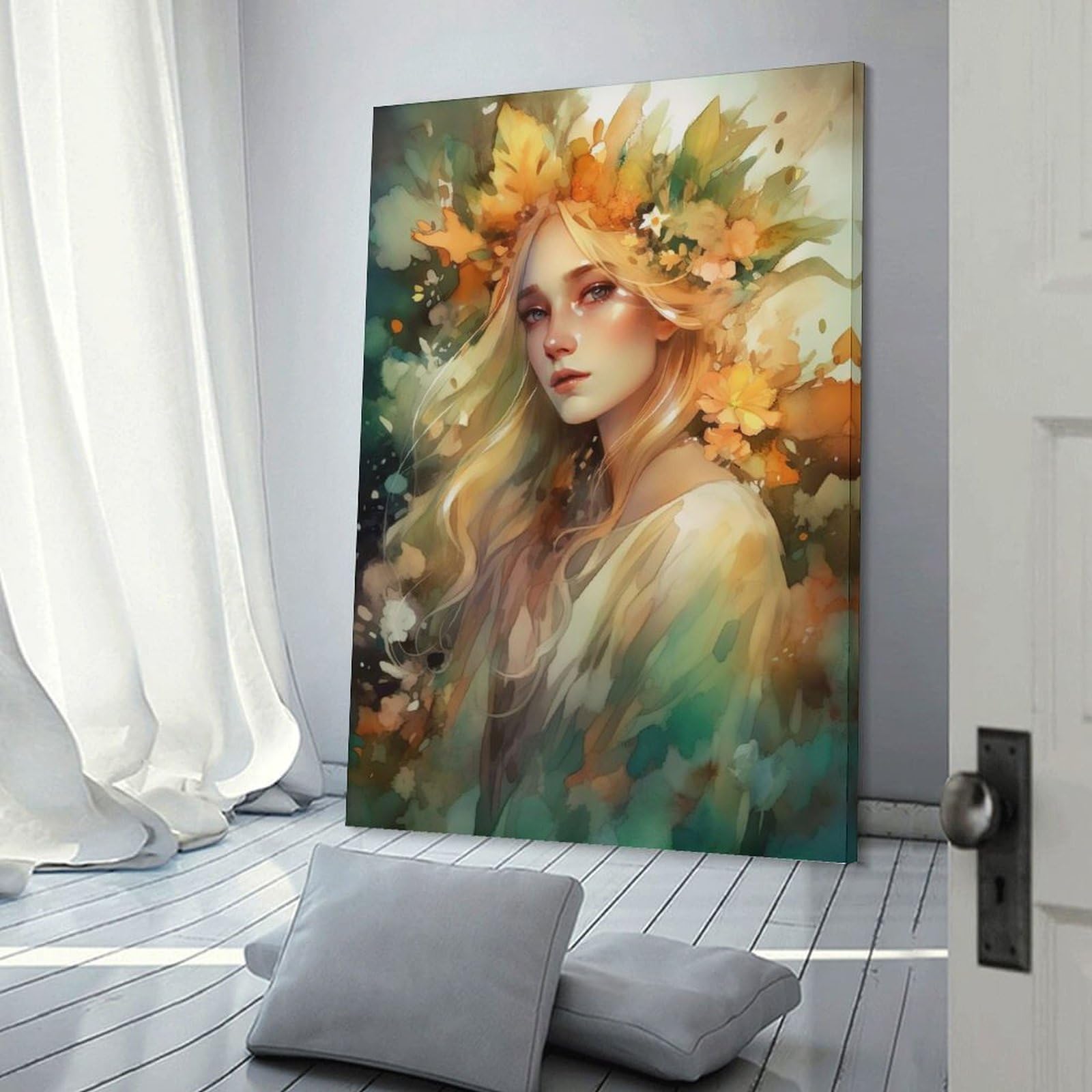 Junmoney Canvas Wall Art Watercolor Floral Portrait, 24x36inch(60x90cm), for Living Room, Bedroom, Office Or Hallway, Decorative Artwork with Broad Appeal