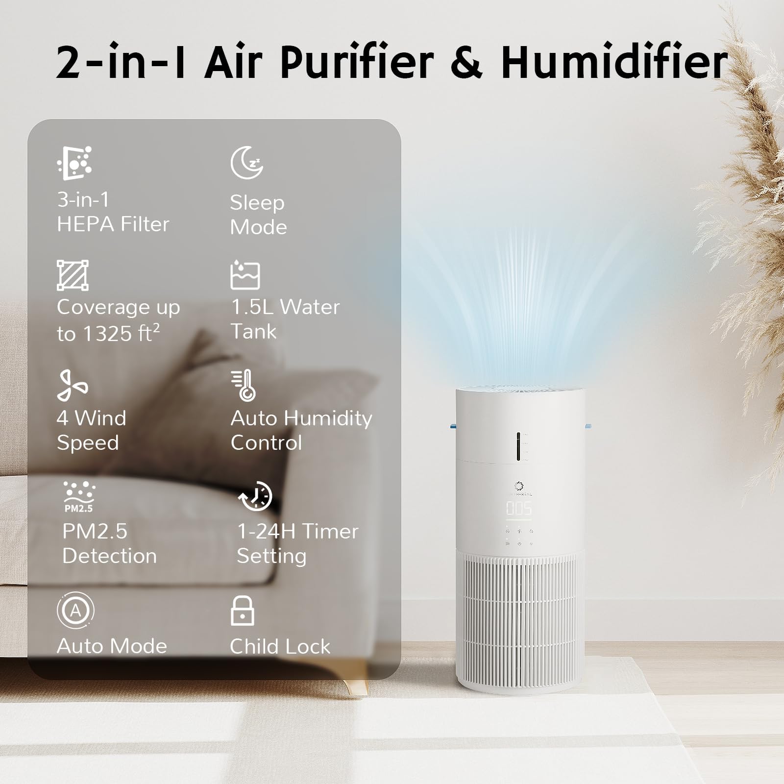 Airthereal Oczyszczacz i nawilżacz powietrza 2 w 1 do 125 m², 3-stopniowy filtr, monitor jakości powietrza, tryb cichego snu, nawilżacz z automatycznym monitorem wilgotności, AEH300